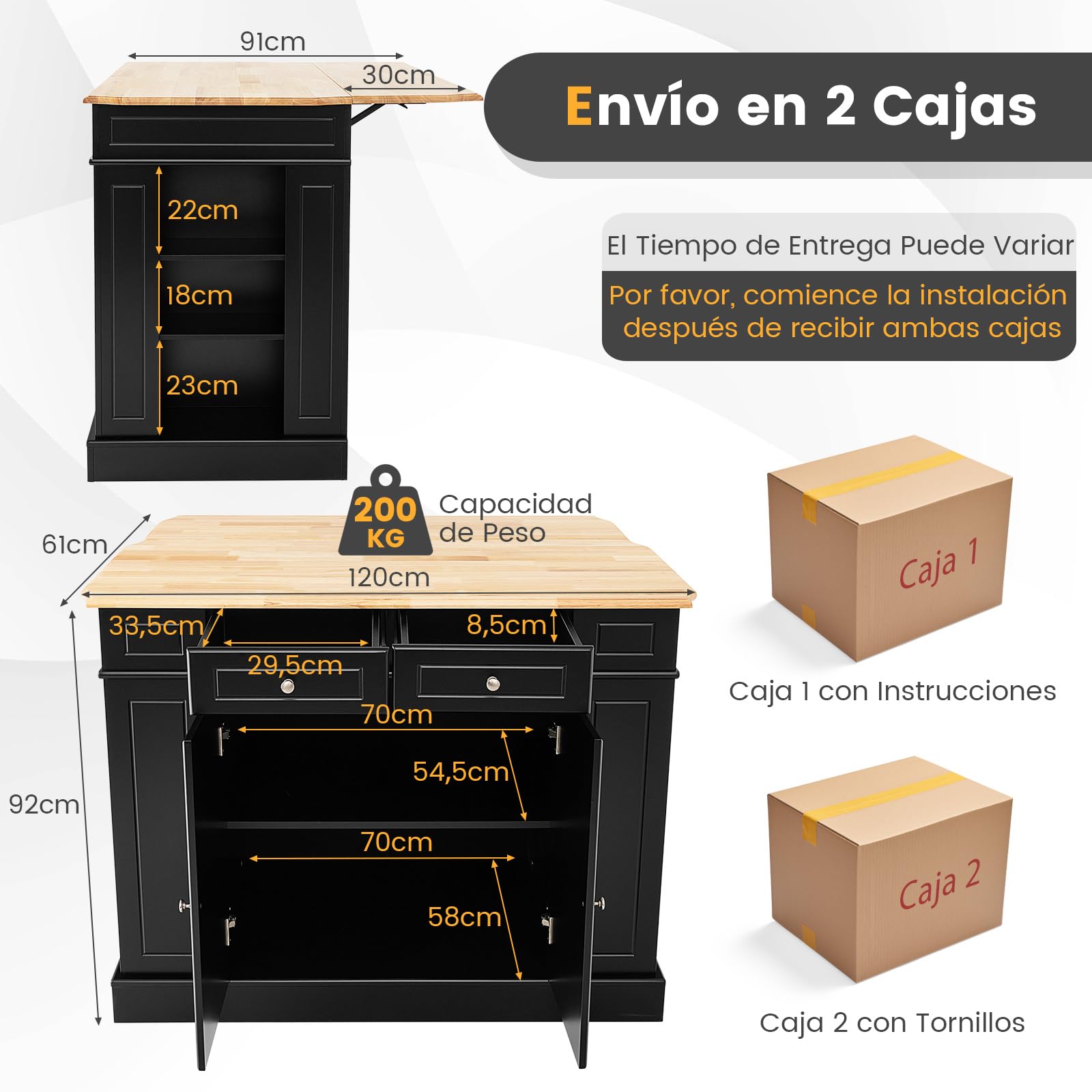 COSTWAY Isla de Cocina con Almacenamiento con Encimera de Madera, Cajones, Estantes Laterales y 2 Puertas, Carrito de Cocina con Estantes Ajustables de 3 Niveles (Negro)