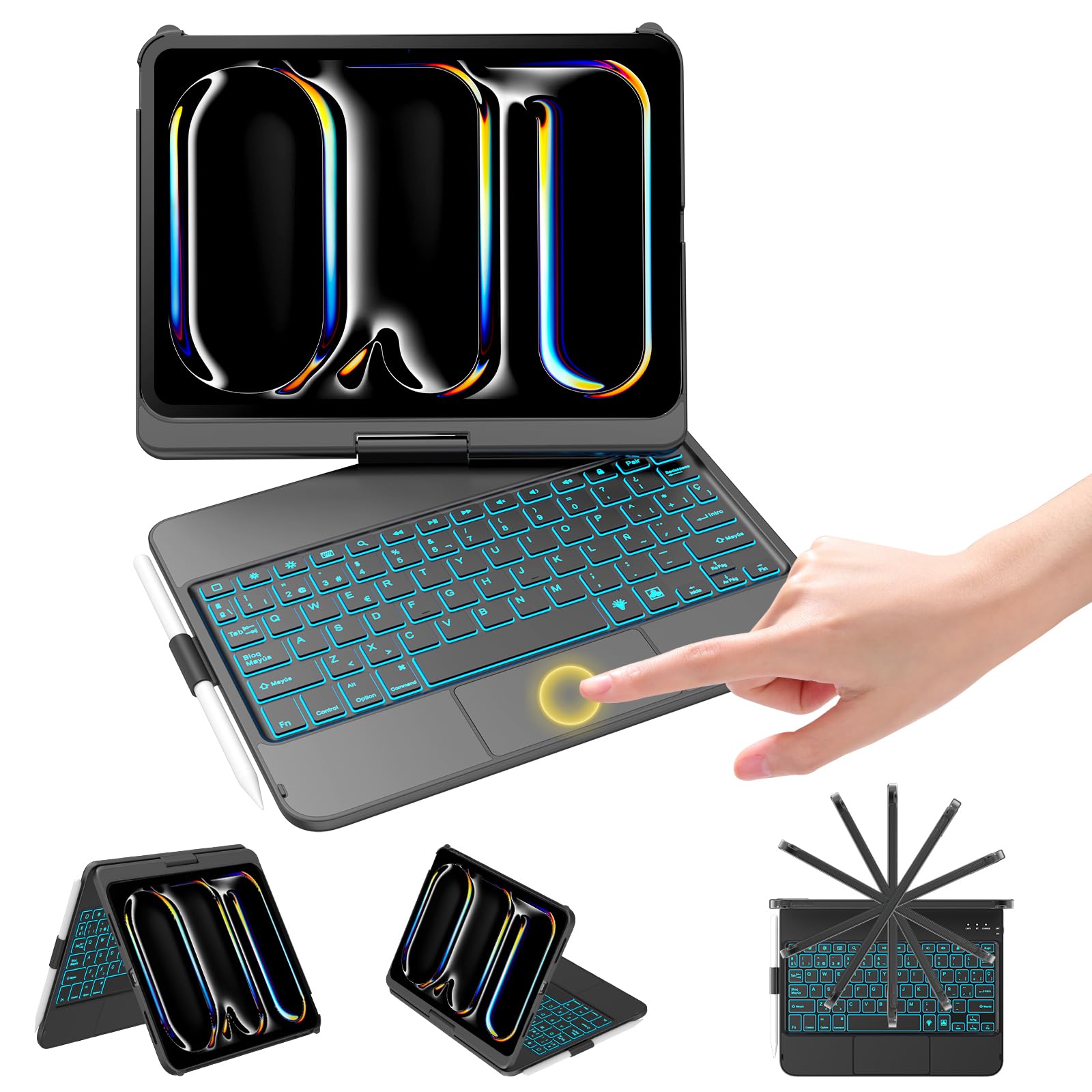 KBCASE Funda con Teclado para iPad Pro 11" (M5/M4, 2025/2024), Teclado Giratorio 360° con Panel Táctil, Iluminación Trasera de 7 Colores (Negro)
