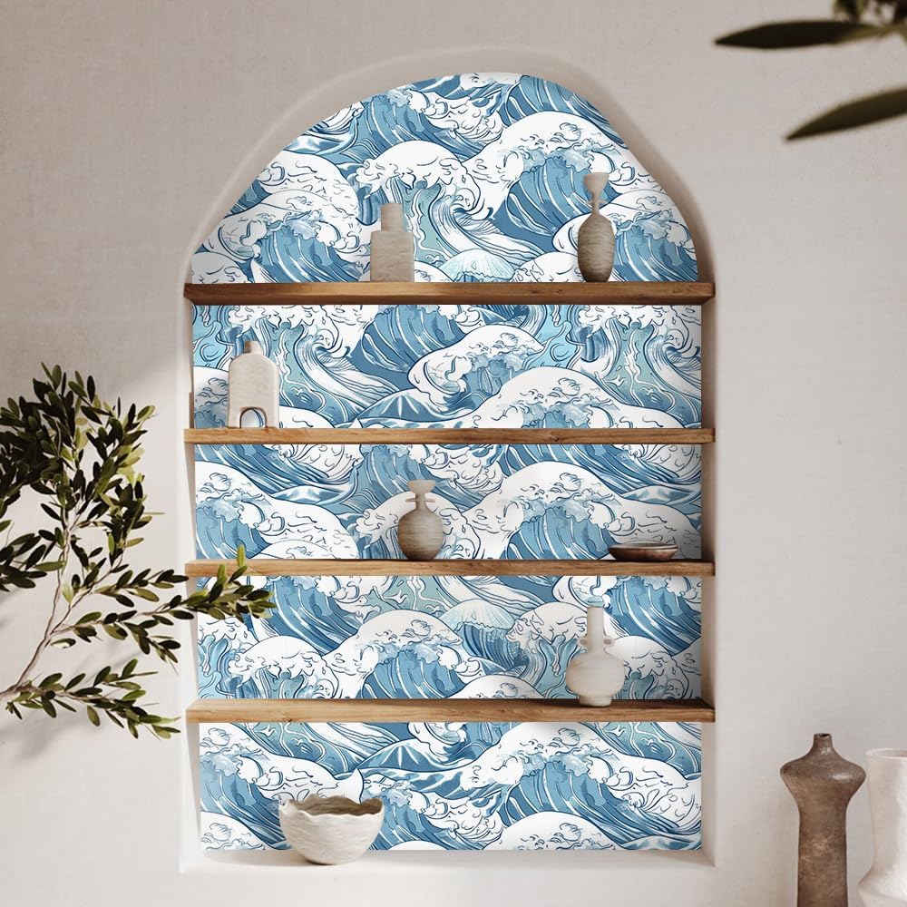 Thicken Blue Wave Wallpaper,17.71"*236.2" Hand Painted Blue Waves Wall Paper Self-Adhesive Modern Art Wallpaper Removable Suitable for Living Room/Bedroom/Bathroom