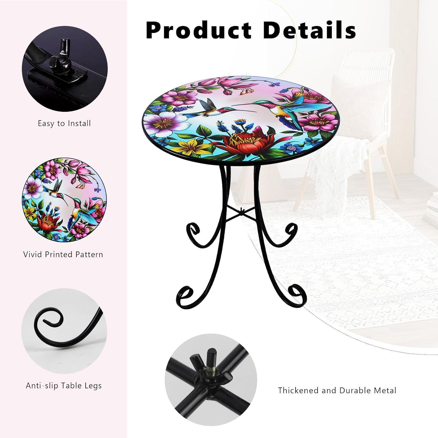 18" Side Table Outdoor, Hummingbird Metal Accent Table, Indoor Small Round End Tables, Plant Stand Tables for Patio Yard Balcony Garden Bedside