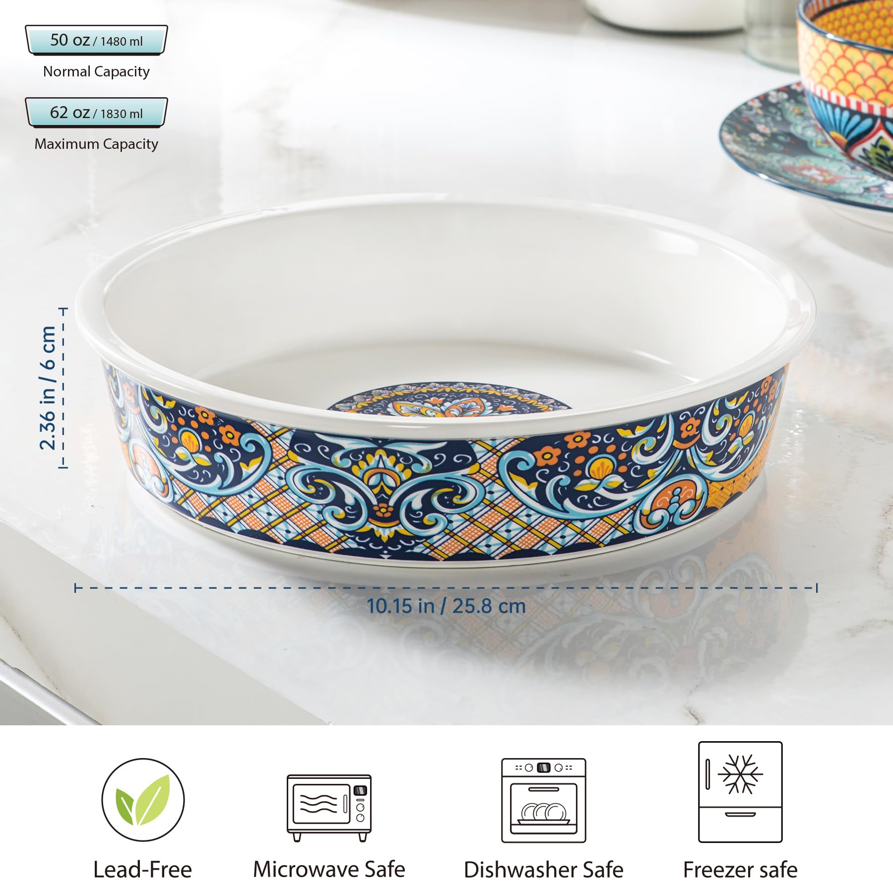 HENXFEN LEAD Moldes de porcelana para hornear, molde redondo de 1850 ml, para tartas de manzana, pastel de frutas, juego de moldes coloridos con 1 pieza, estilo bohemio