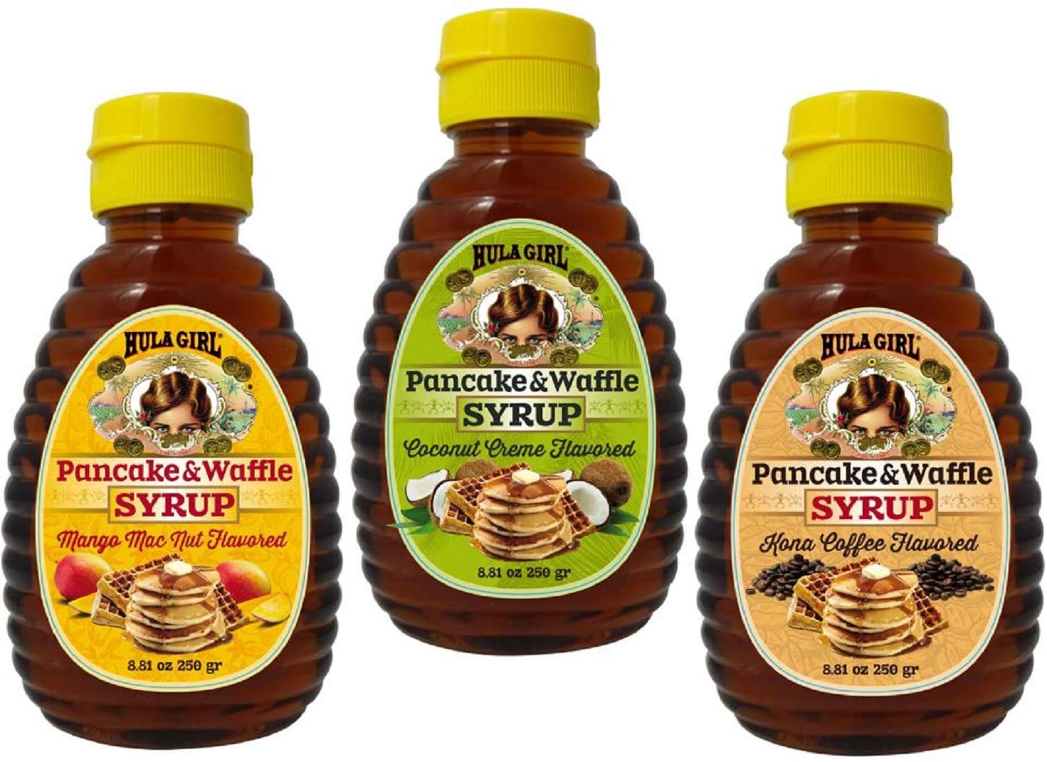Hula Girl Pancake and Waffle Syrup 250grams / 3 bottles Mixed (Mango Macadamia Nut, Coconut Creme & Kona Coffee)