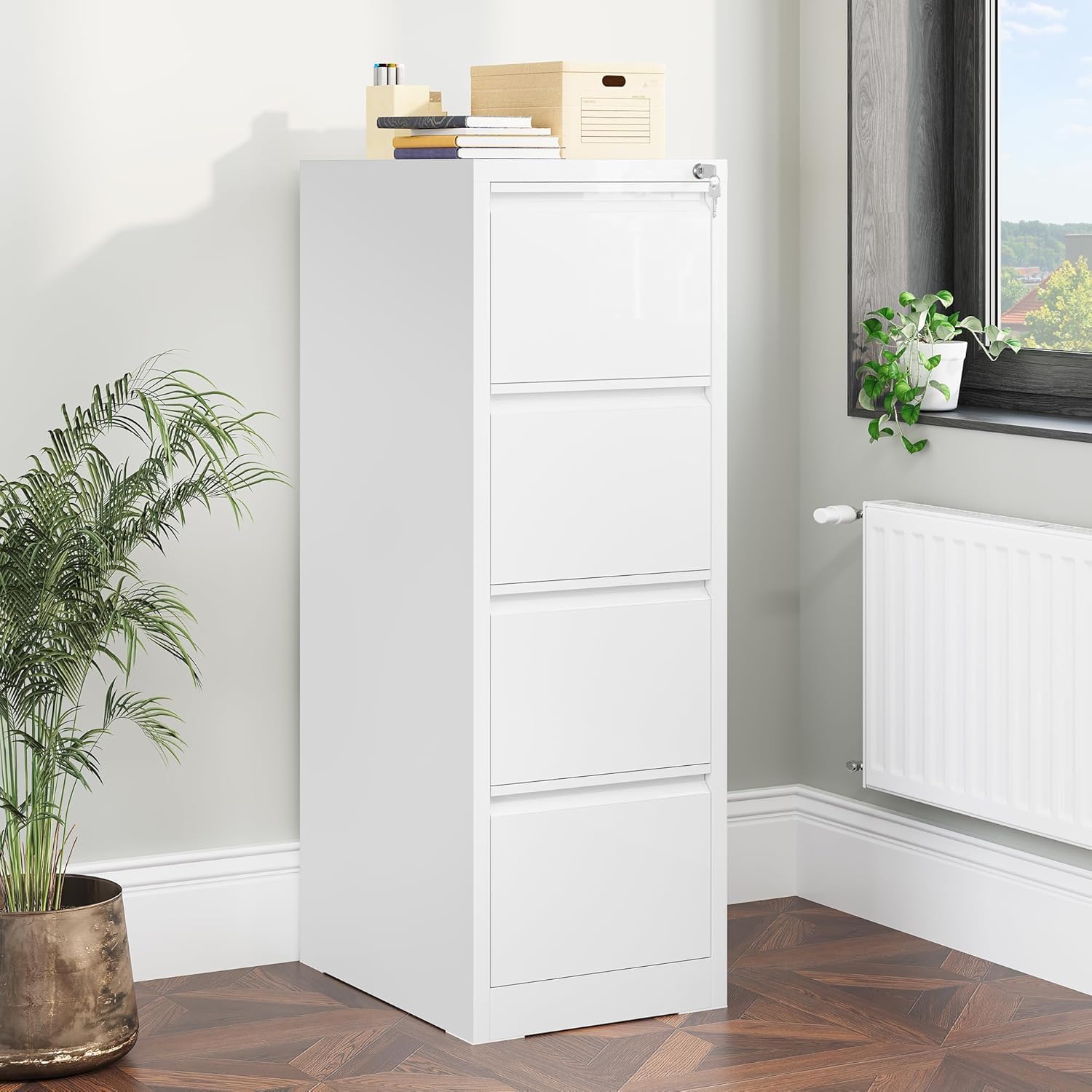 YITAHOME Aktenschrank mit 4 Abschließbaren Schubladen, Kippsicherer Rollender Aktenschrank mit Rädern für das Büro zu Hause, Unter-Pult-Aktenschränke, weiß, 62 x 45.8 x 133cm