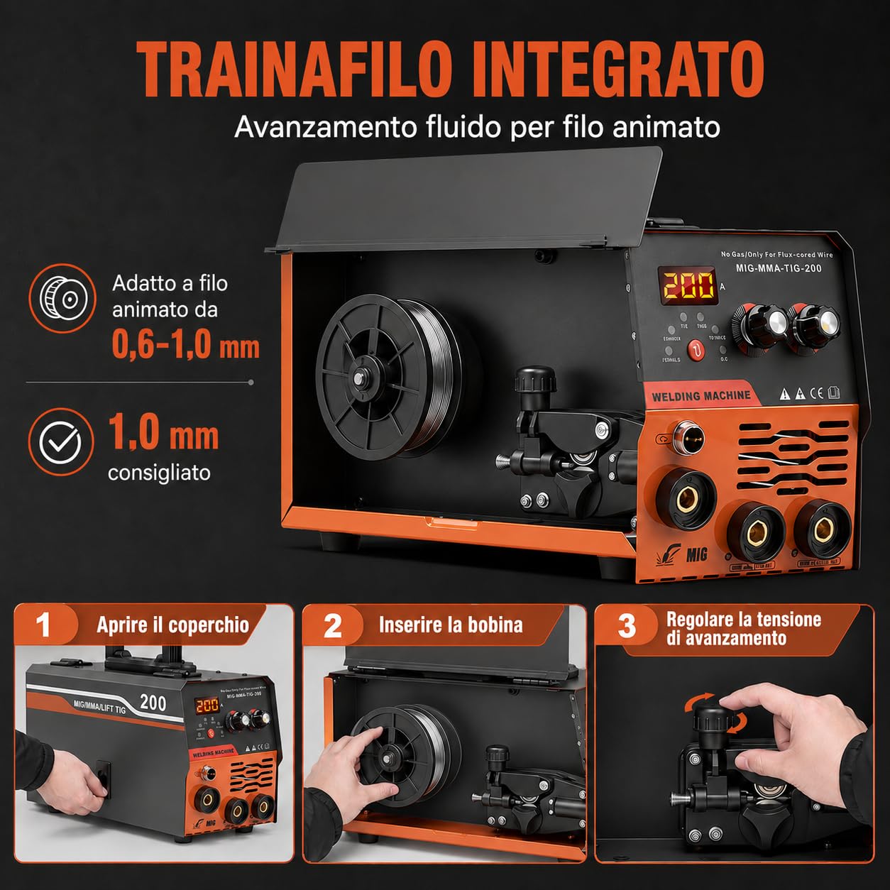 VOBOR Saldatrice a Filo Continuo Senza Gas 200A, 220v Sinergia Elettrodo Saldatrice 3 In 1 MIG/ARC/Lift TIG IGBT Inverter Saldatore con Filo 1,0 MM Rod,Pistola di Saldatura MIG