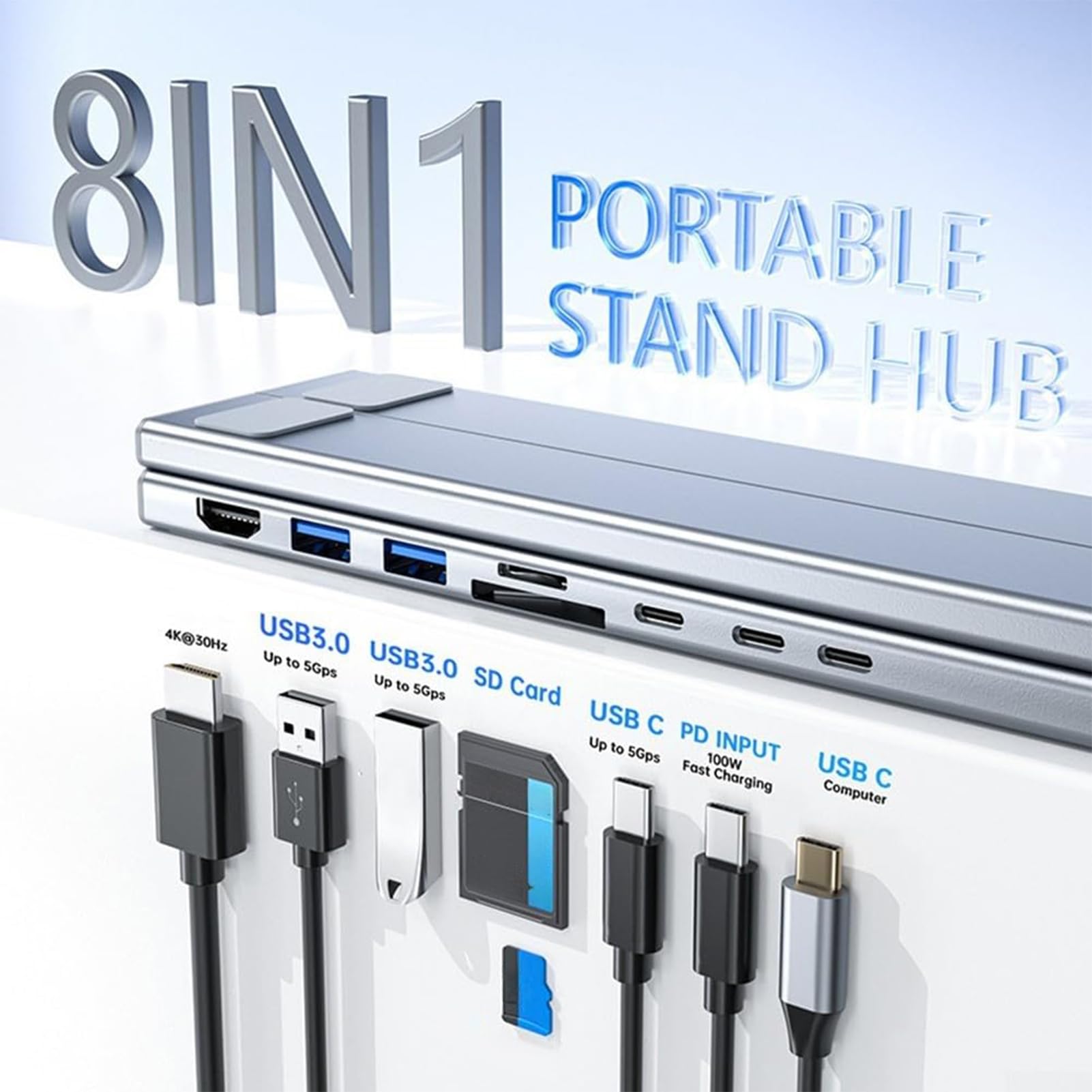 Docking station per computer portatile, altezza regolabile, design ergonomico, ricarica rapida, 8 in 1, per casa, lavoro, desktop e tablet