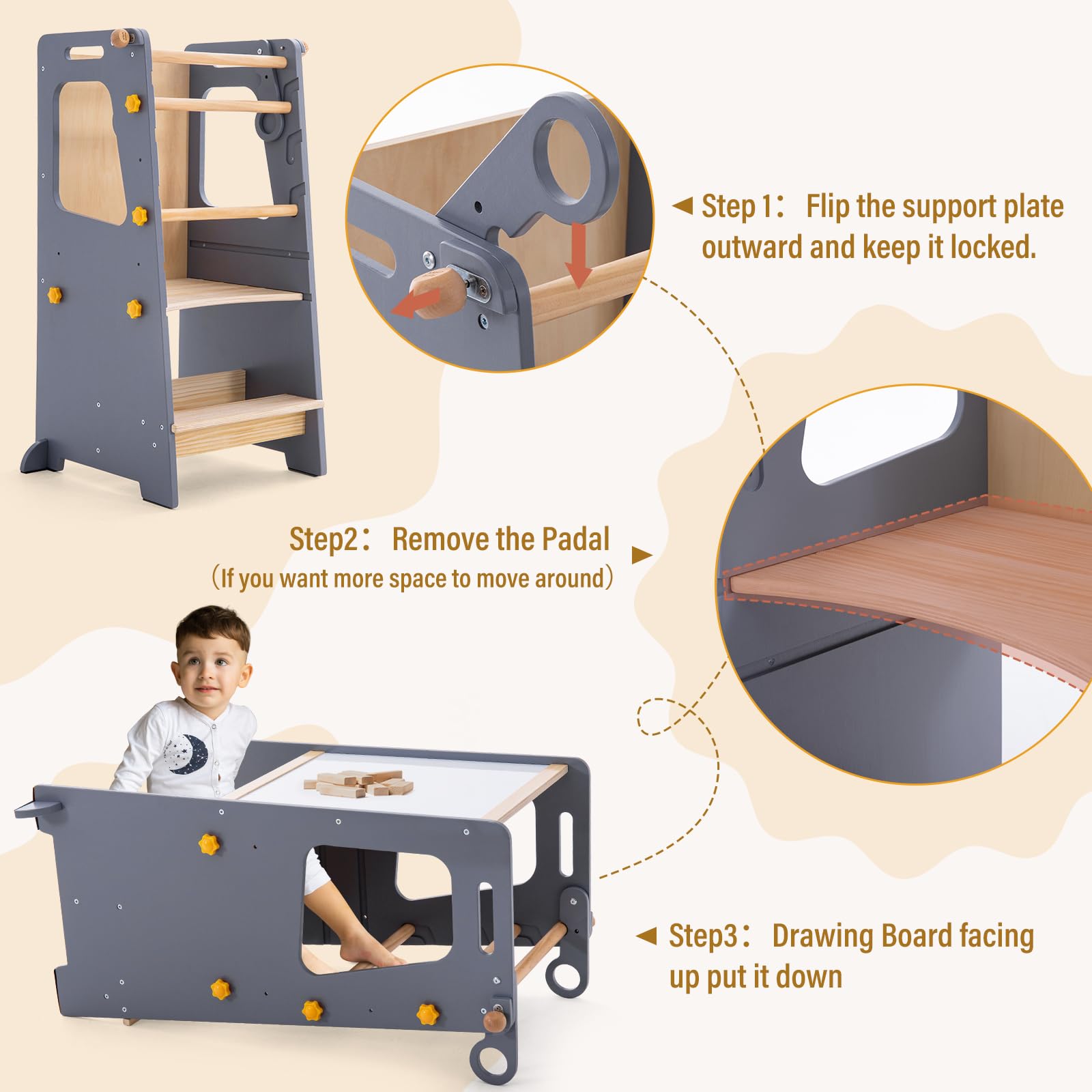 Torre de pie para niños, taburete de cocina para niños pequeños con pizarra blanca, torre de aprendizaje para niños de altura ajustable con protección antideslizante, taburete para niños con