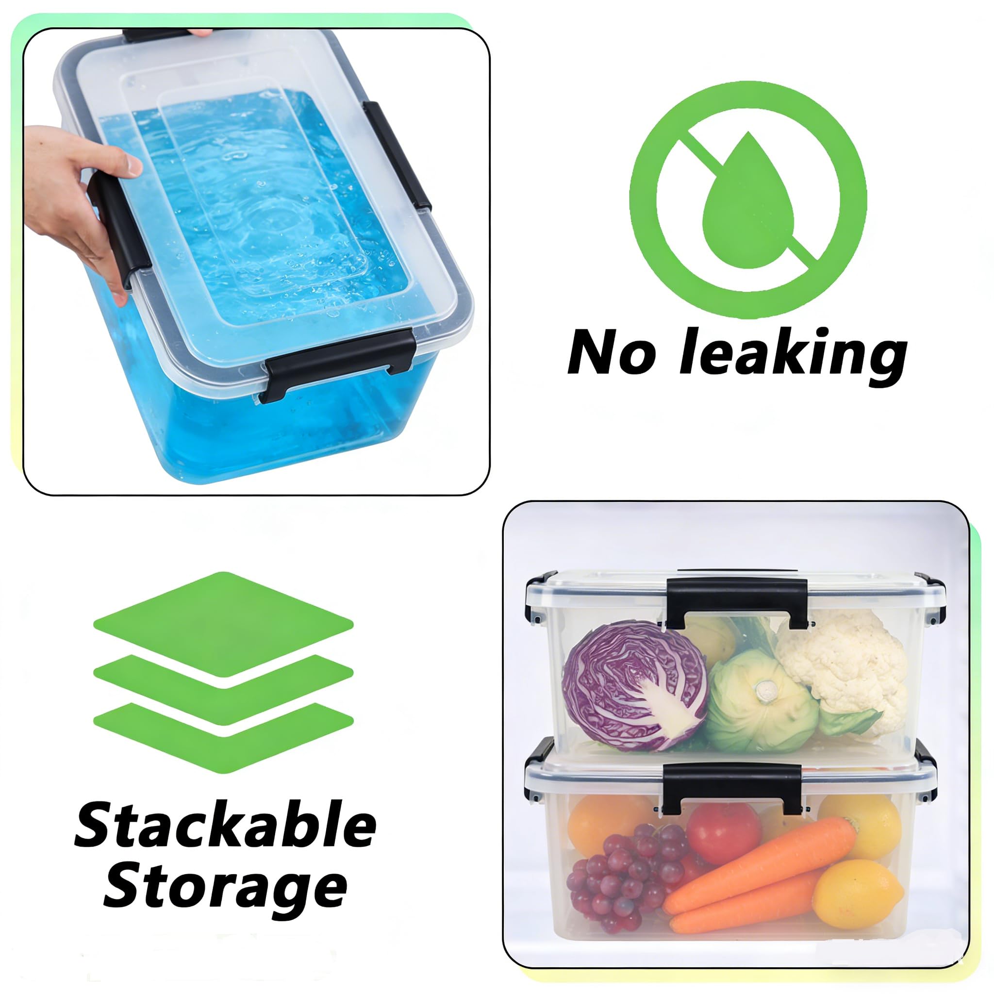 Set di 2 contenitori ermetici impilabili con coperchio, 10 l, in plastica, con fibbie a scatto, colore: trasparente