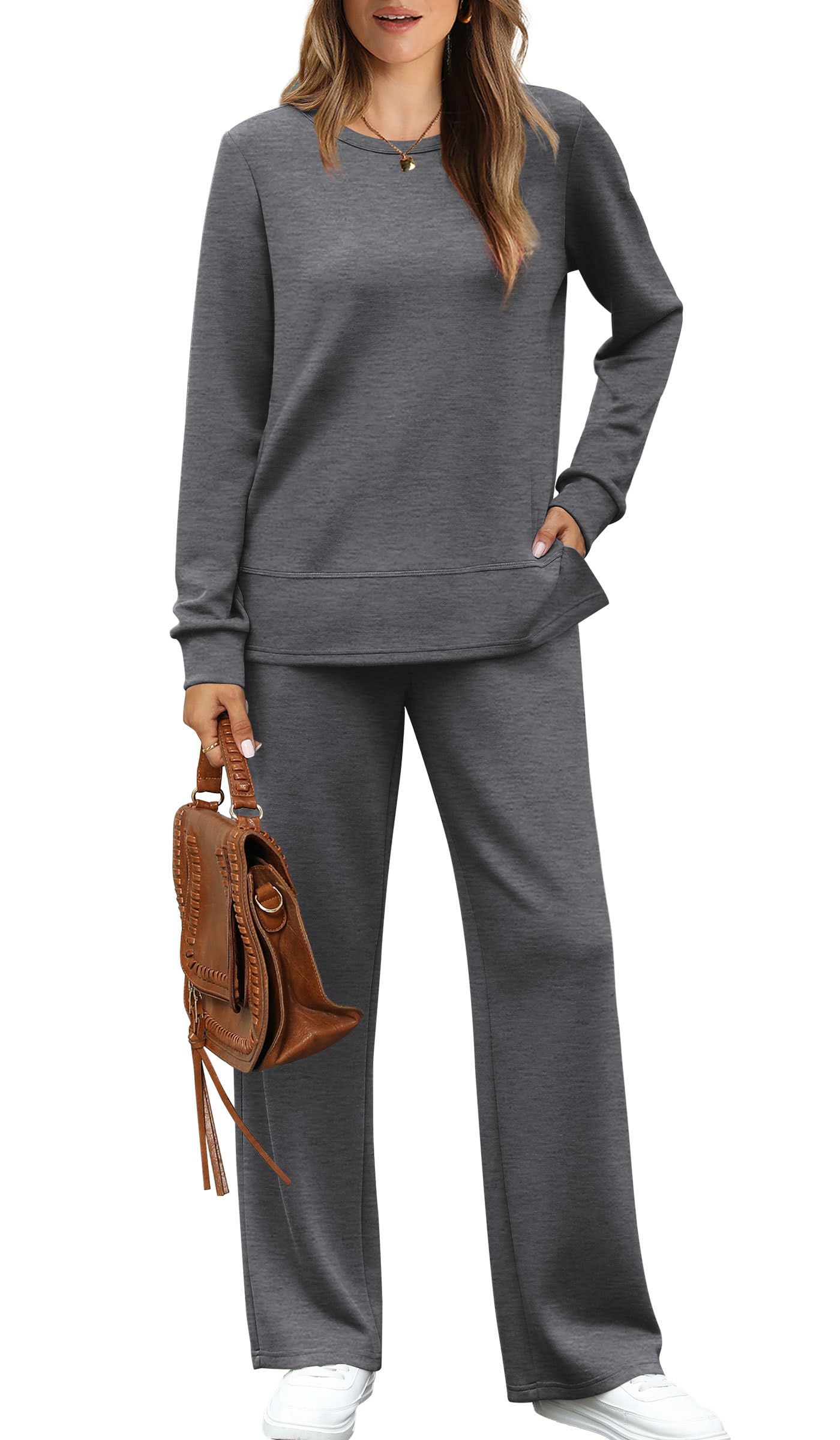WIHOLL Women's 2 Piece Lounge Sets Sweatshirt Casual Travel Outfits Fashion Wide Leg Tracksuit Cozy Sweatsuits