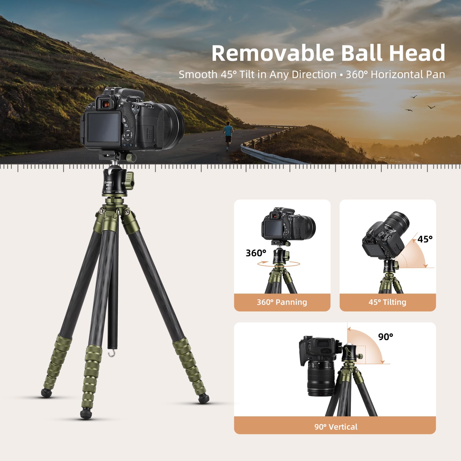 Cayer CH35 Treppiede da Viaggio con Testa Sferica, Treppiede Compatto in Fibra di Carbonio, Altezza 136 cm, Carico Max 8 kg (17.6 lbs) per Fotocamere Mirrorless, Videocamere, Smartphone e Webcam