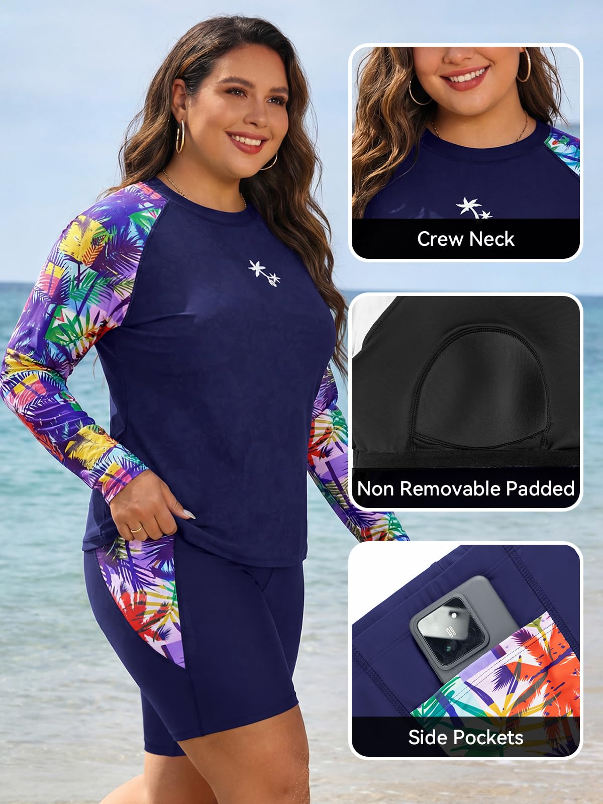 SHEKINI Conjunto de 2 piezas de camiseta de natación y pantalones cortos de manga larga para mujer, talla grande, protección solar, traje de baño de surf