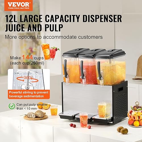 Miniatura 2 de VEVOR Dispensador de bebidas comercial, 3 tanques de 12 L / 12.7 cuartos de galón por tanque, dispensador de jugo, máquina de bebidas de té helado