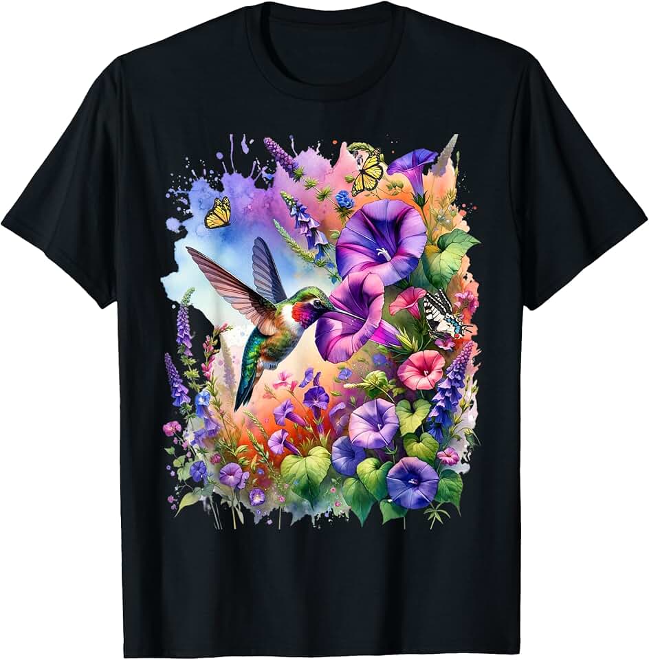 Critter Patch USA Ruby Throated Hummingbird with Wild Flowers and Butterflies T-Shirt