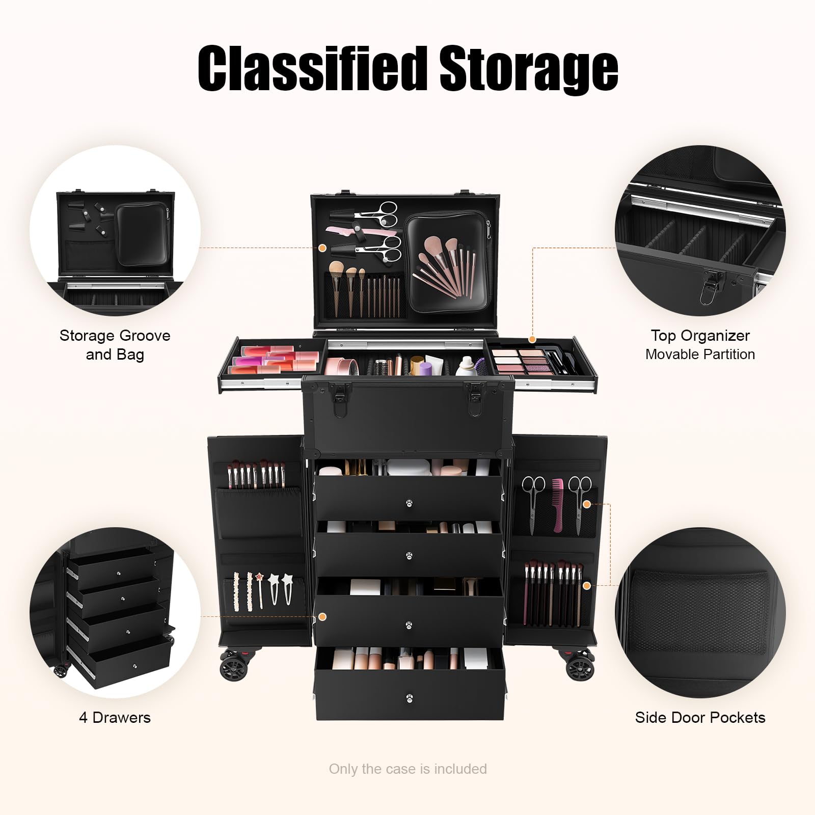 Kosmetik Trolley, Kosmetikkoffer mit 4 Schubladen, Professioneller Kosmetik-Organizer robuster Make-up-Trolley Nagelkkoffer Beauty Case Friseur Box Multikoffer
