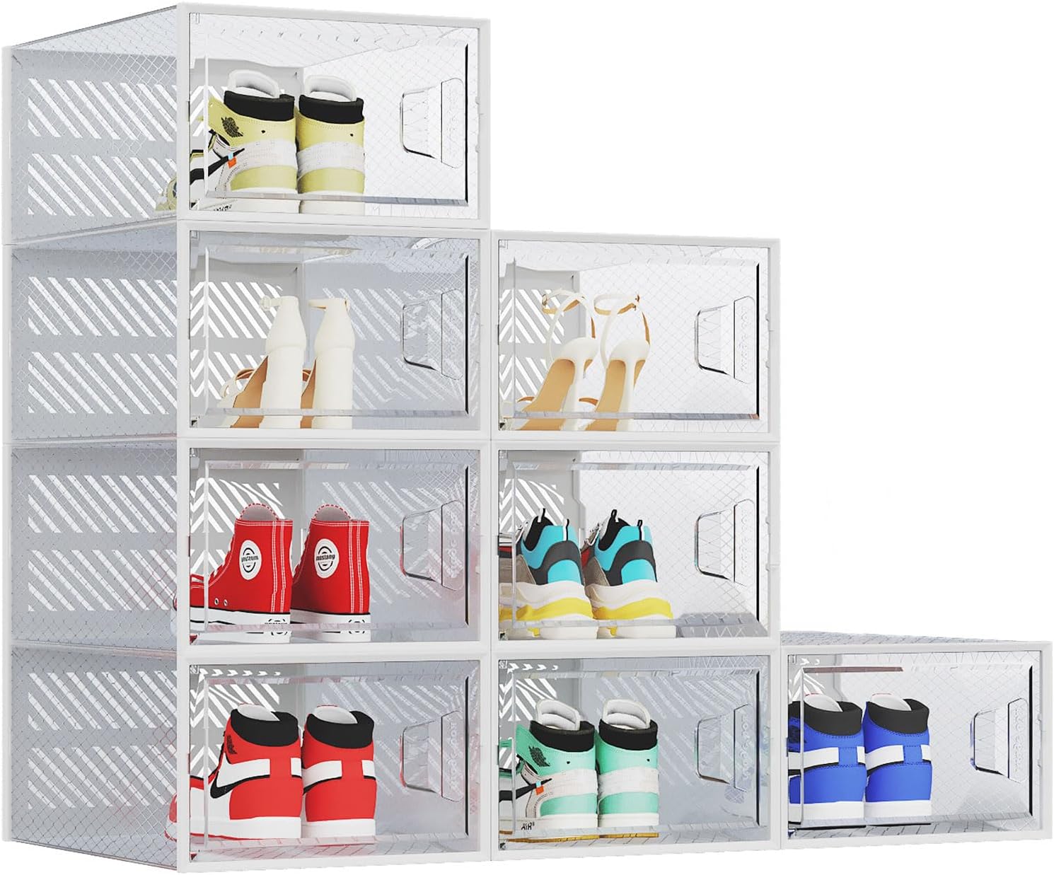 Large 8 Pack Shoe Storage Box, Clear Plastic Stackable Shoe Organizer for Closet, Portable Stacking Transparent Sneaker Containers Bins Holders, Fit up to US Size 13 for Men & Women white X-Large-8new