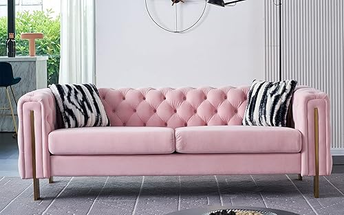 Miniatura 9 de Sofá moderno para sala de estar, sofá tapizado de terciopelo de 84 pulgadas con botones y 2 almohadas y patas de metal, muebles decorativos para