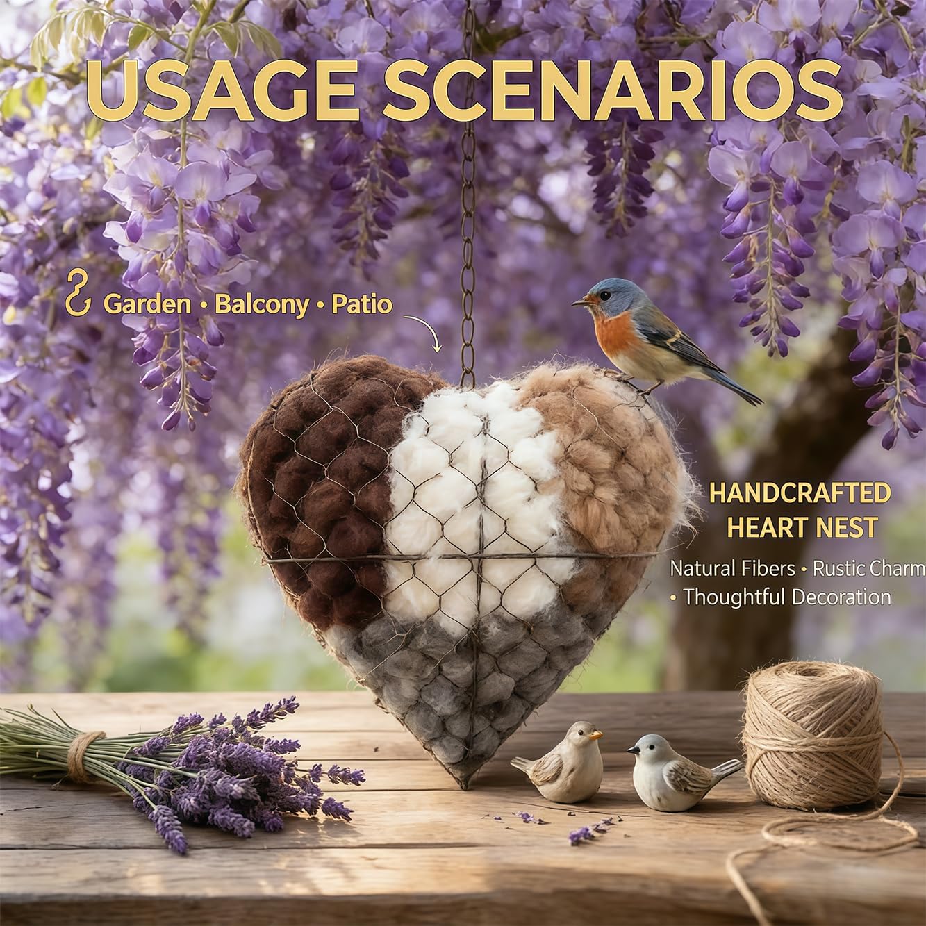 Handmade Fiber Bird Nesting Heart, Alpaca Fiber Bird Material House, Hummingbird Houses Nester Winter Shelter Nature, Garden Art Birdhouse, Outside Gifts for Birds Lovers (3)