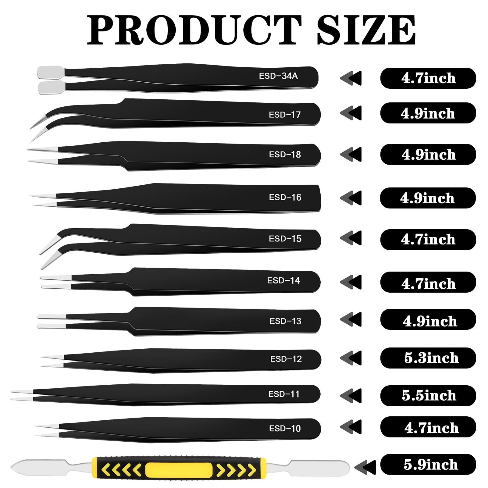 Set di 11 pinzette di precisione Ovveroche, set di pinzette ESD, kit di pinzette artigianali premium, pinzette antistatiche in acciaio inossidabile con custodia per pinzette per laboratorio,