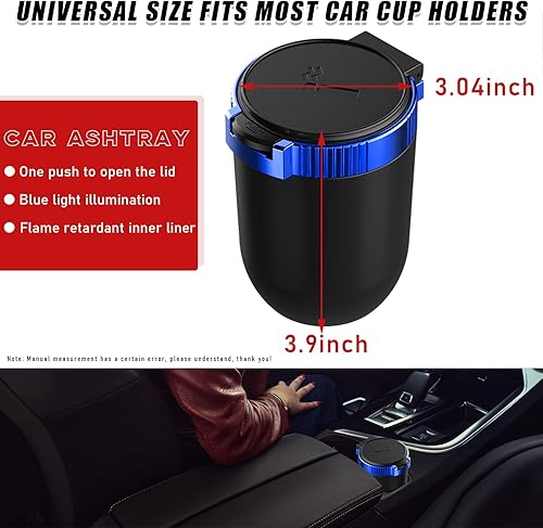 Miniatura 18 de Cenicero de automóvil con tapa, cenicero desmontable inoxidable sin humo, mini bote de basura portátil para vehículo con luz LED azul, accesorios