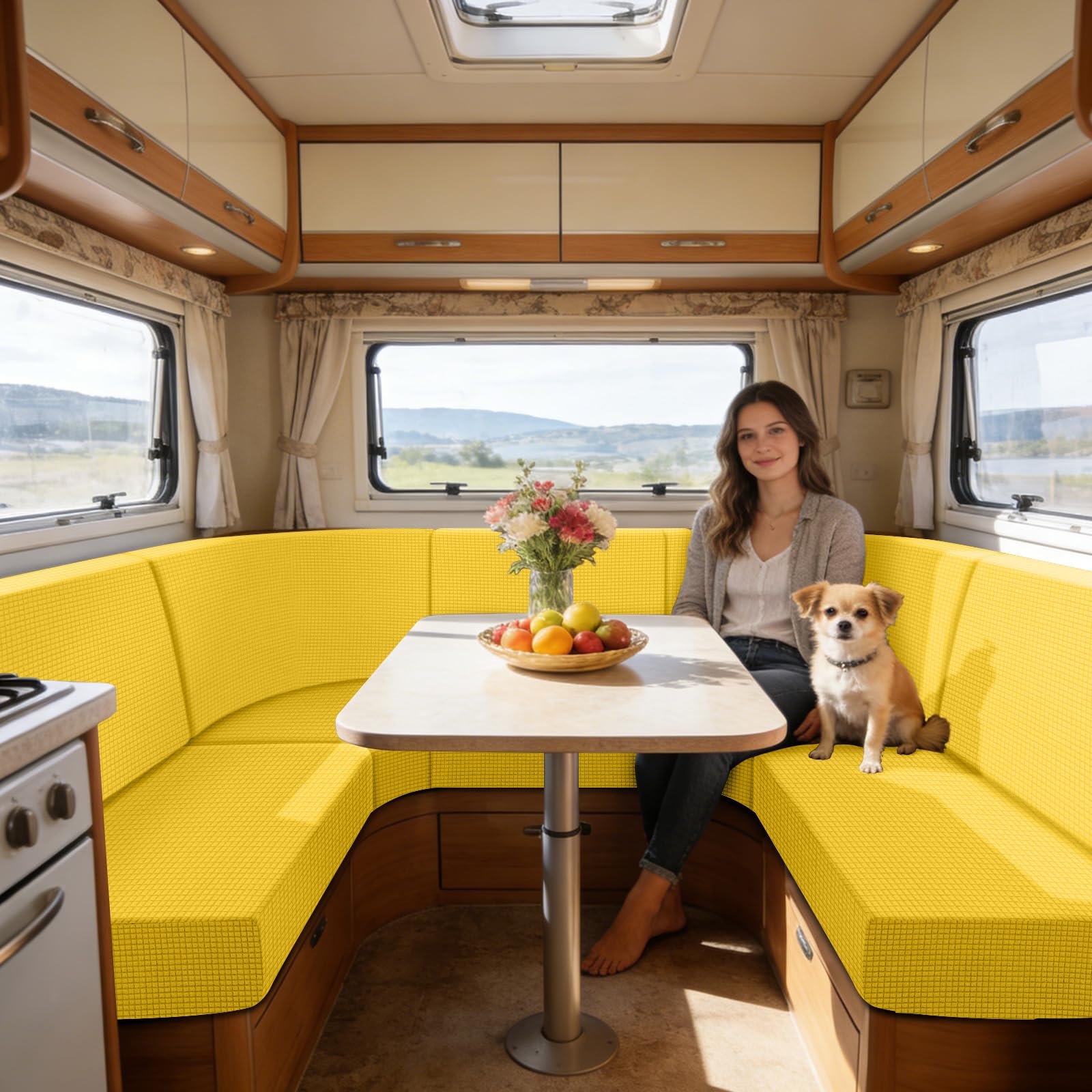 SYLC Caravan Seat Cover Stretch Jacquard, Non-slip RV Dinette Cushion Covers with 2 Straps, Couch Cushion Covers for Camper Sofa Bench (Yellow,Corner seat)