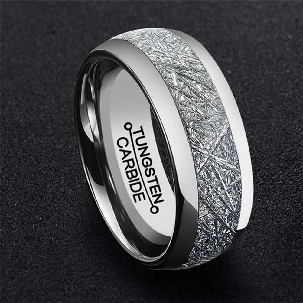 Fashion Month Men 8mm Silver Tungsten Carbide Ring Vintage Meteorites Pattern Wedding Engagement Band Domed Comfort Fit