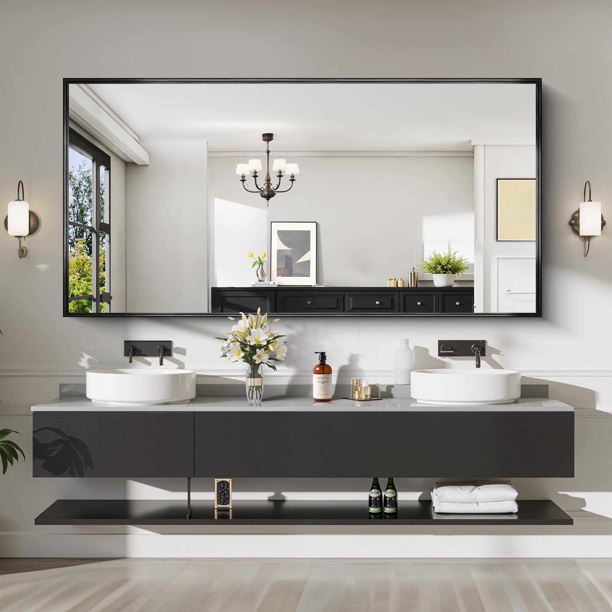 Photo 1 of CIRCUMI Black Bathroom Mirror, 36"x72" Rectangular Mirror with Deep Metal Frame, Brushed Finish, Tempered Glass, Large Mirror for Wall, Over 2 Sinks, Installed Vertically/Horizontally, Crystal-Clear