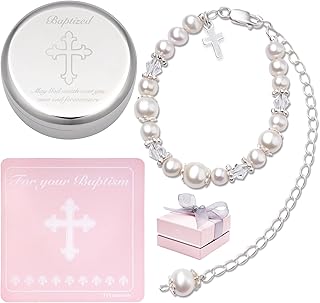 Baptism Bracelet in Sterling Silver and Cultured Pearls for Baby Girls, with Silver-plated Jewelry Keepsake Box, Great Catholic Christening and Baptism Gifts for Girl