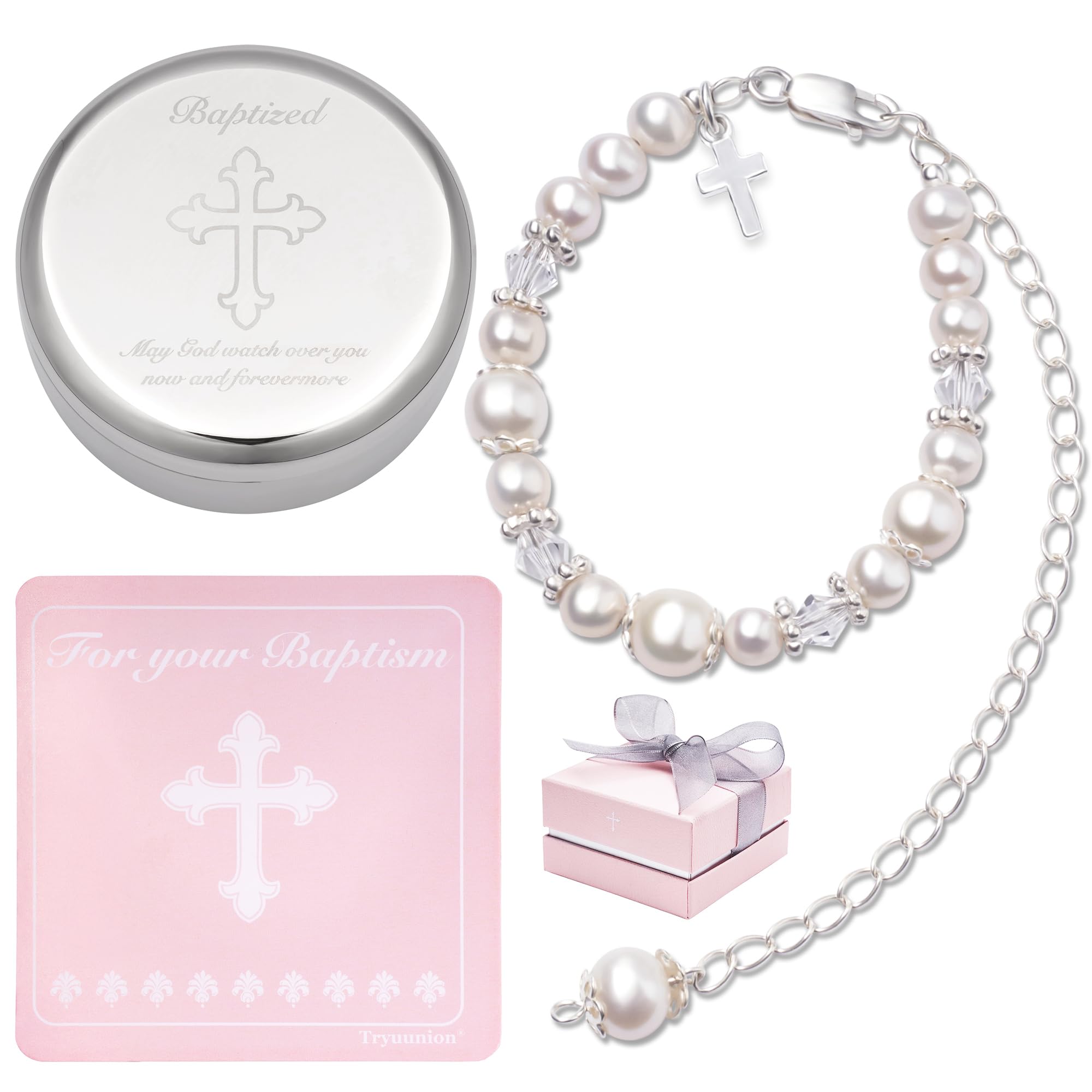 Tryuunion Baptism Bracelet in 925 Sterling Silver and Cultured Pearls for Baby Girls, with Silver-plated Jewelry Keepsake Box, Great Catholic Christening and Baptism Gifts for Girl