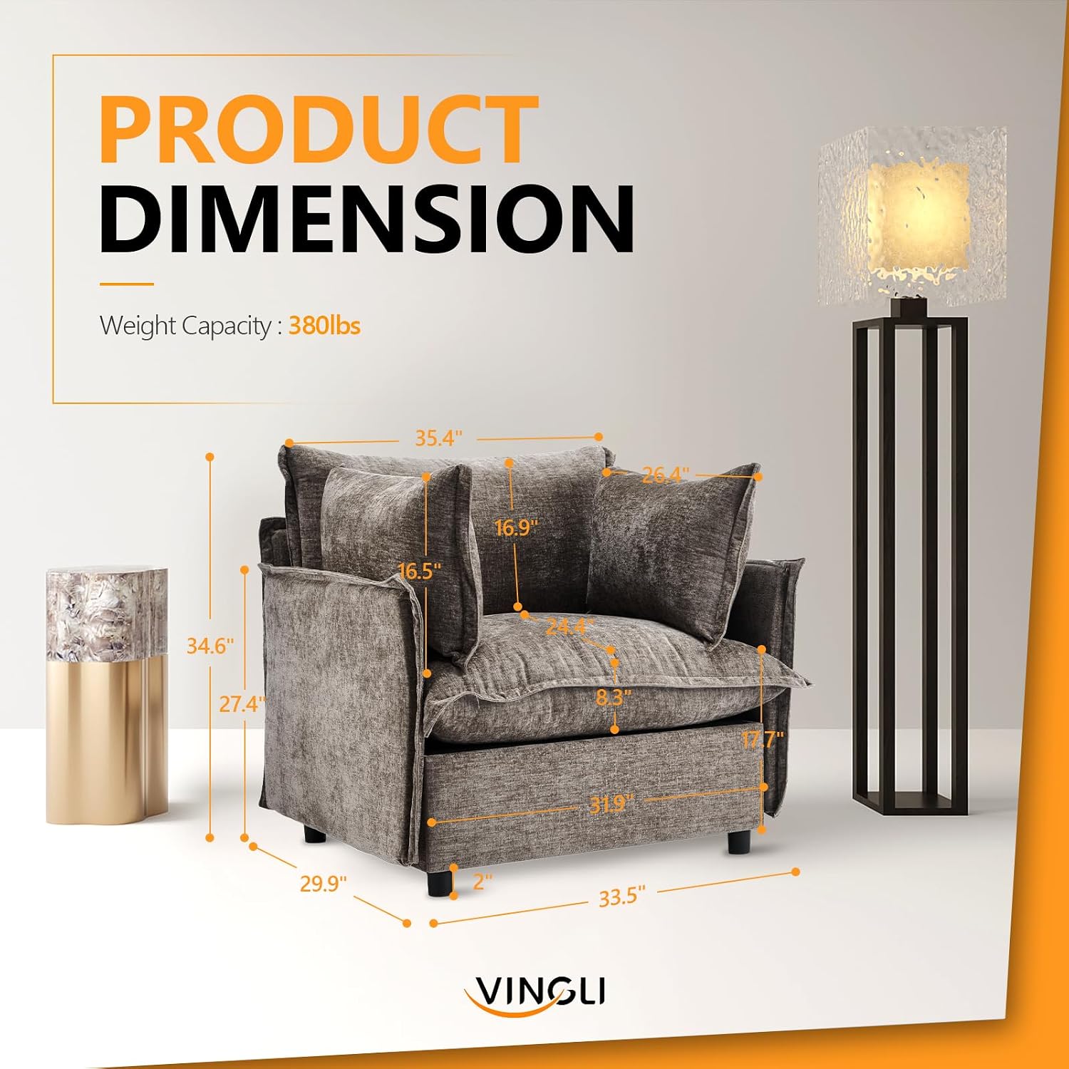 VINGLI Taupe Accent Chair 34" Width Oversized Reading Chair Upholstered Armchair Soft Chenille Fabric Living Room Chairs Sofa for Adults Bedroom, Home Office, Play Room
