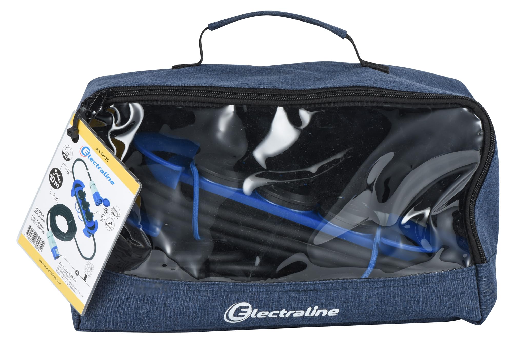 Electraline 62575 Regleta Base Multiple/Prolongador IP44, 1 Toma CEE + 3 Tomas Schuko con Enchufe CEE IP44, Colgante con 2 Ganchos, Cable de Goma H07RN-F 3G1.5 10M, para Campistas, Caravan, Camping