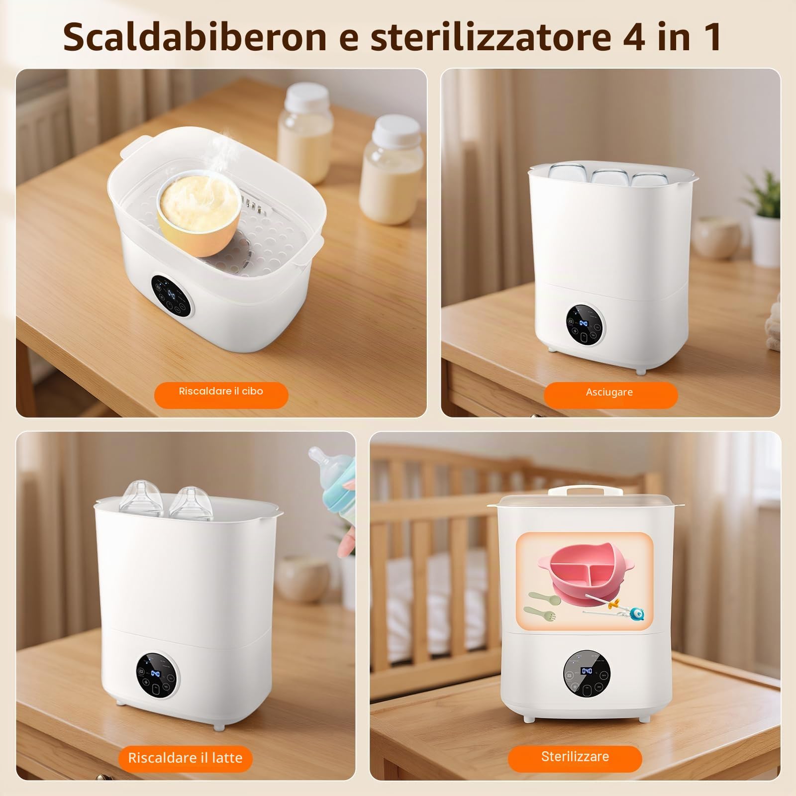 Sterilizzatore per biberon, sterilizzatore per biberon, 5 in 1: sterilizzare, asciugare, sterilizzare e asciugare auto, riscaldare il cibo, tenere al caldo le bottiglie, capacità 8 bottiglie, 24 ore