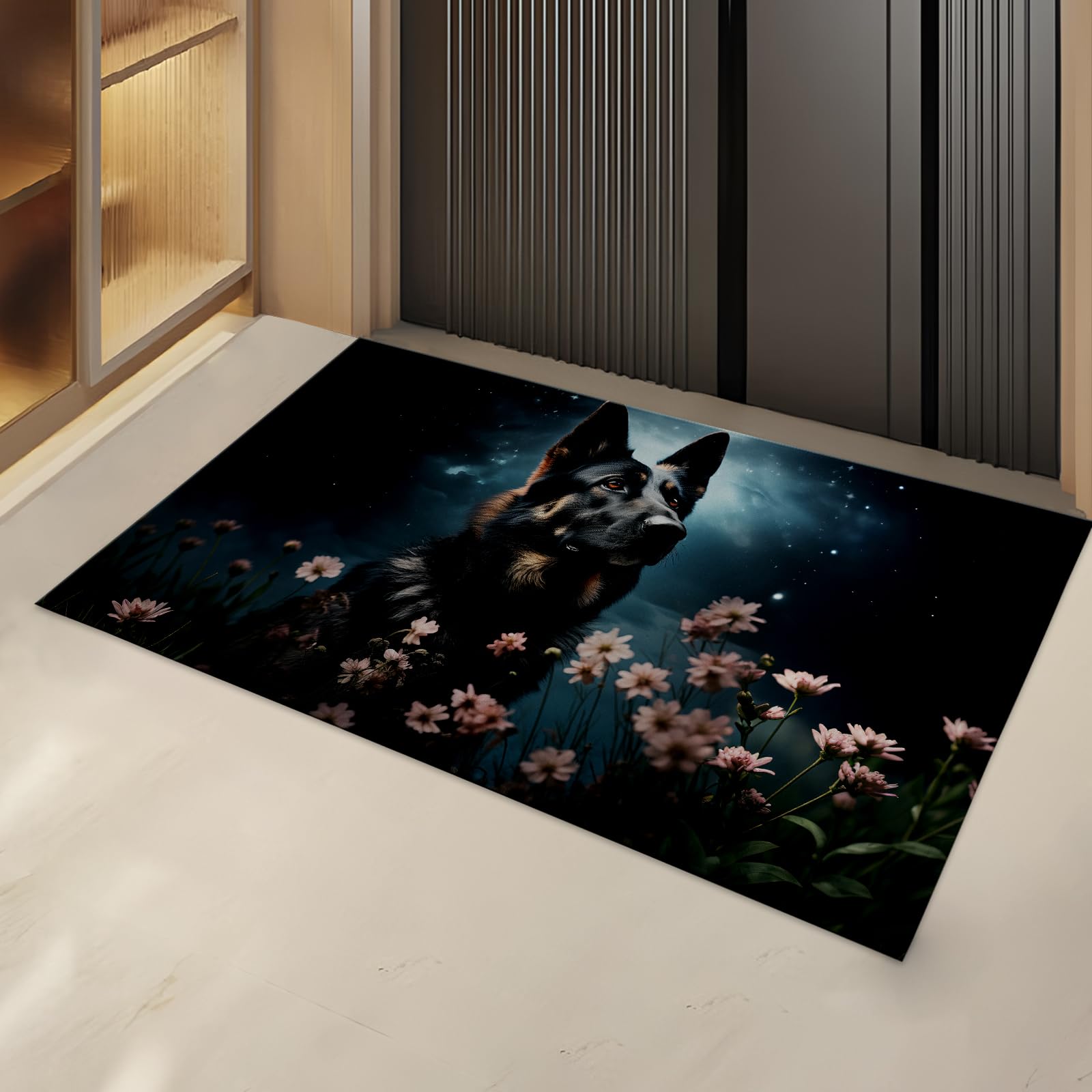 Turamurra German Shepherd Indoor Door Mat Gifts, Floor Area Rug for Entryway, Living Room or Bathroom, Non-Slip Night Dog and Flowers Doormat Home
