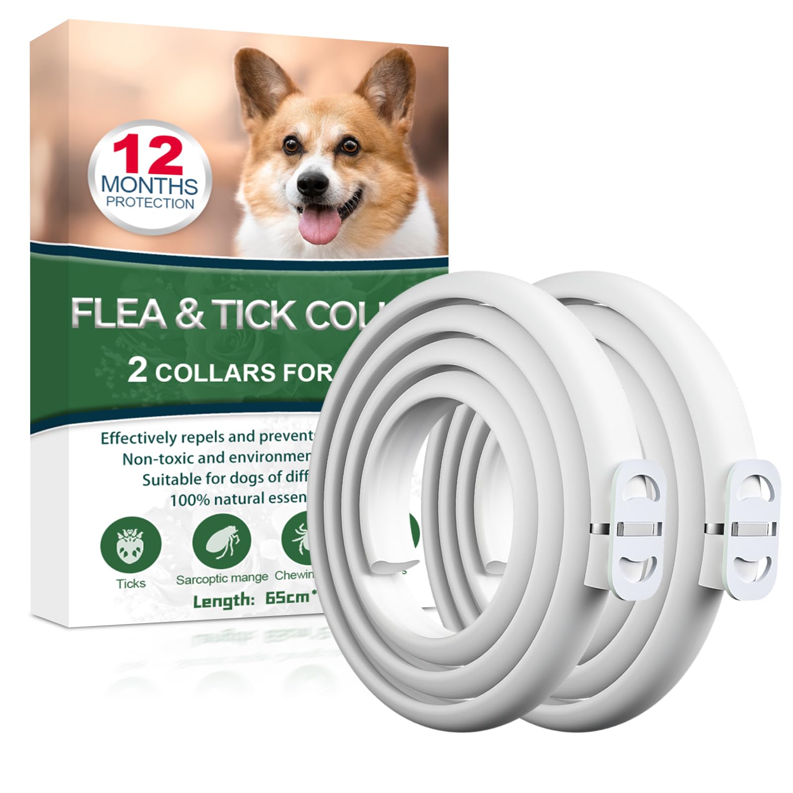 Pack of 2 Anti-Parasitic Collars for Dogs, 24 Months Protection Against Fleas, Ticks and Mosquitoes - 100% Natural, Waterproof, Adjustable, for All Sizes