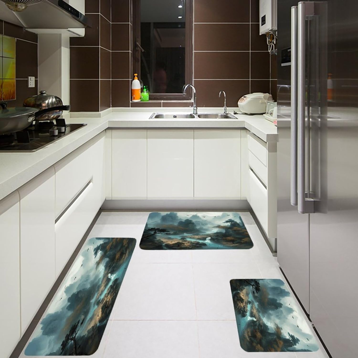 Water and Rocks Kitchen Rugs Set of 3 Non Slip Washable Kitchen Mats for Floor Soft Area Rug Kitchen Floor Mat Cushioned Anti Fatigue Mats Standing Sink Mat Decor Runner Rugs