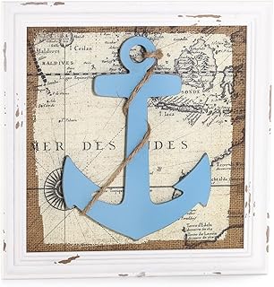 BAYSBAI Nautical Anchor Wall Decor, Wooden Nautical Wall Art with Map Background, Coastal Beach Themed Home Decor, Perfect Anchor Decor for Bathroom, Living Room, Bedroom, or Beach House