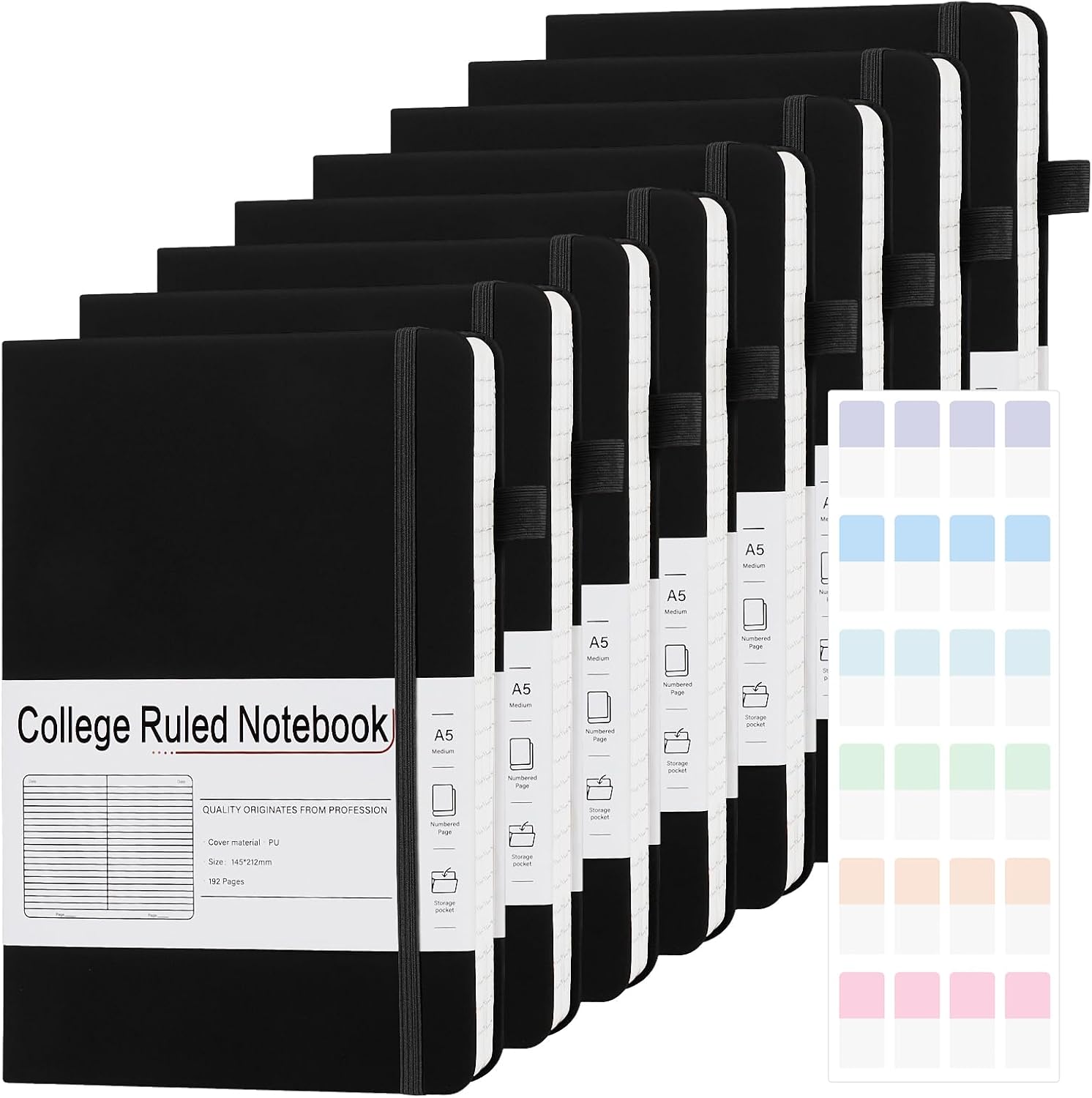 A5 Lined Journal Notebooks for Work, 192 Pages, Medium 5.7 x 8.3inch, College Ruled, Vegan Leather Hardcover Journals for Women Men,8 Pack