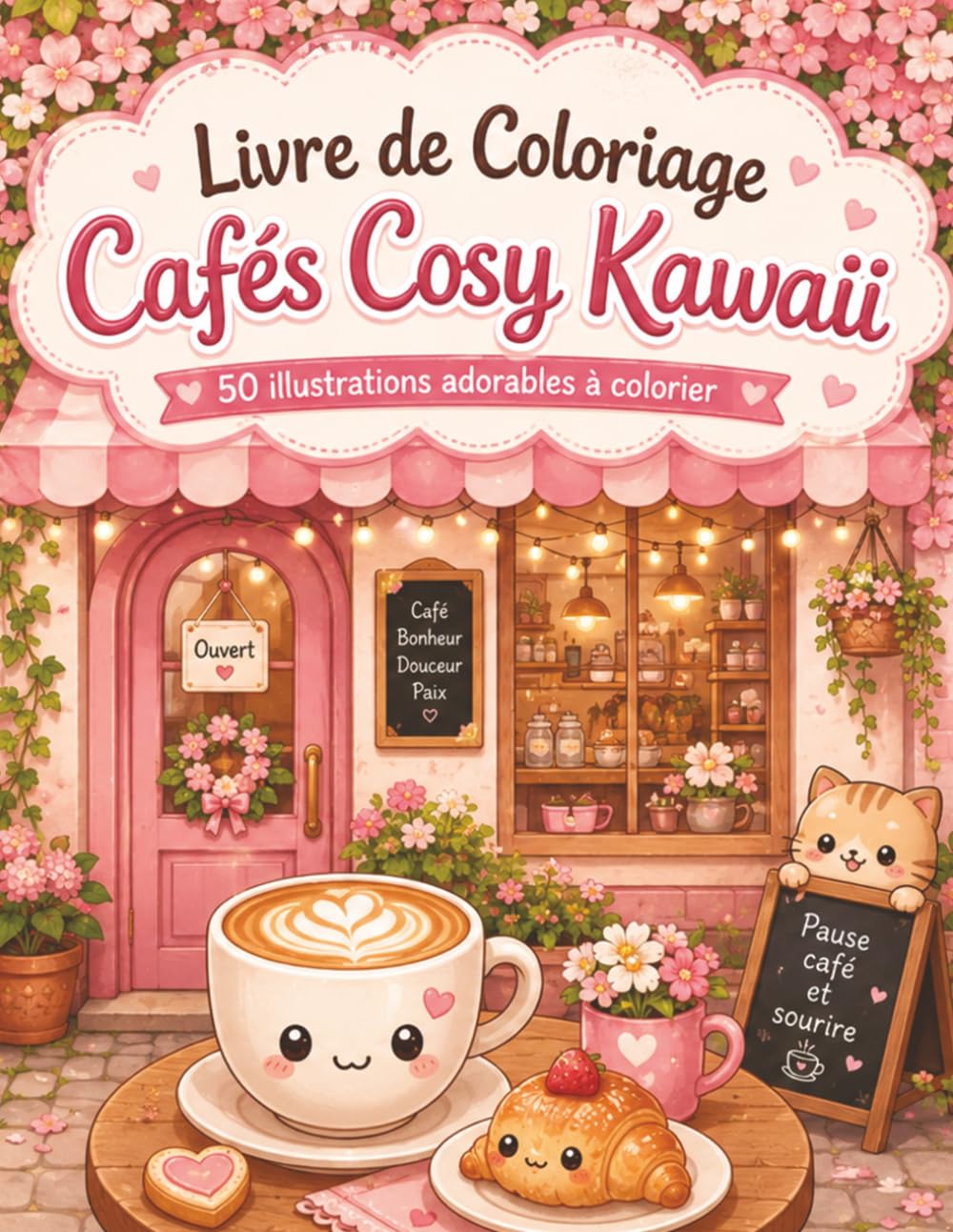 Livre de Coloriage Cafés Cosy Kawaii: Scènes douces avec tasses souriantes, desserts sucrés, plantes et petits moments créatifs
