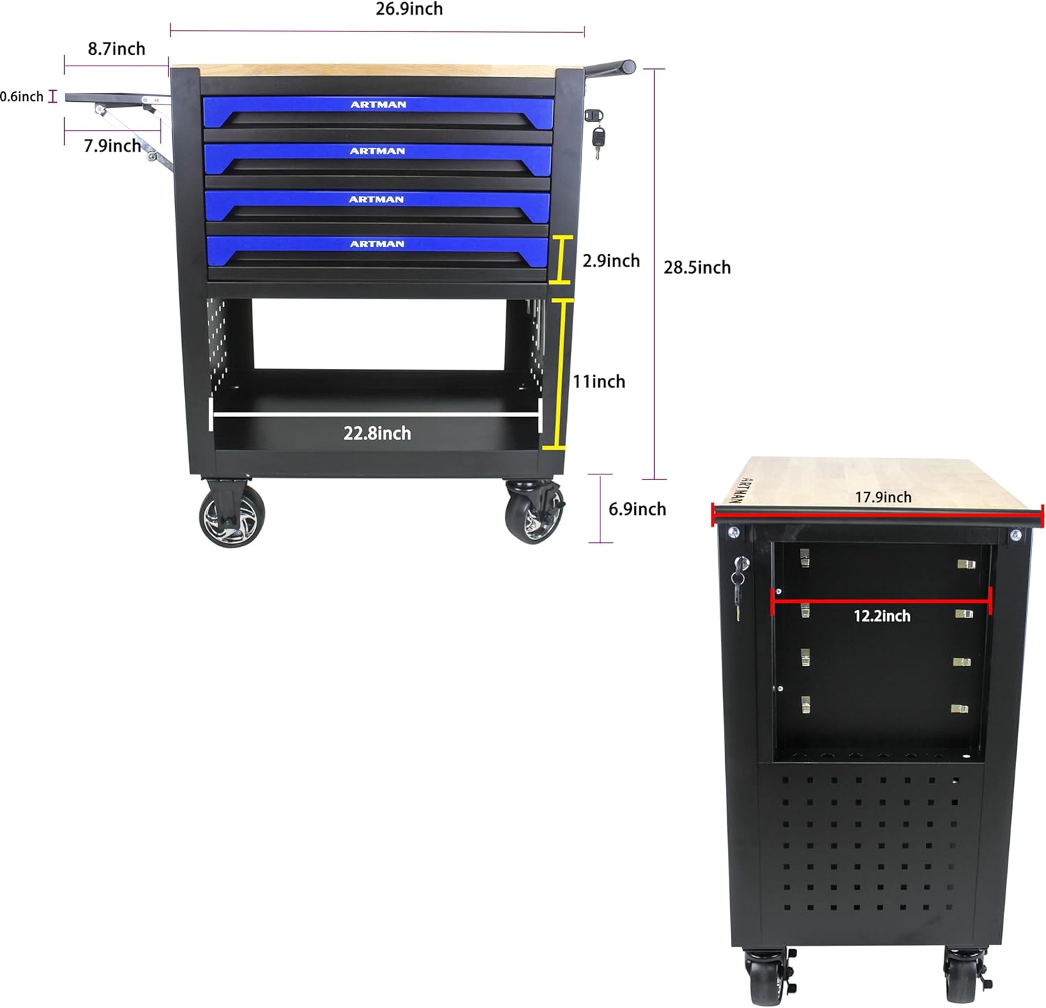 4 Drawers Tool Chest on Wheels,Tool Storage Cart with Wooden Top,Drawers Rolling Tool Box Organizer Tool Case with Lock for Garage,Warehouse,Workshop,Repair Shop (4 Drawers-35.4"H-Black&Blue)