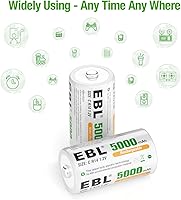 Vista 5 de EBL Pilas recargables tipo C de tamaño C, celda C, 5000 mAh, Ni-MH, paquete de 2