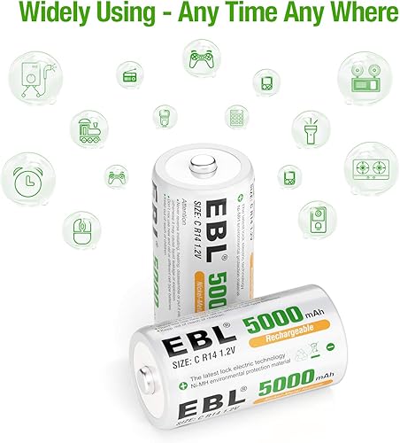 Miniatura 5 de EBL Célula C C 5000mAh Ni-MH Baterías recargables, paquete de 2