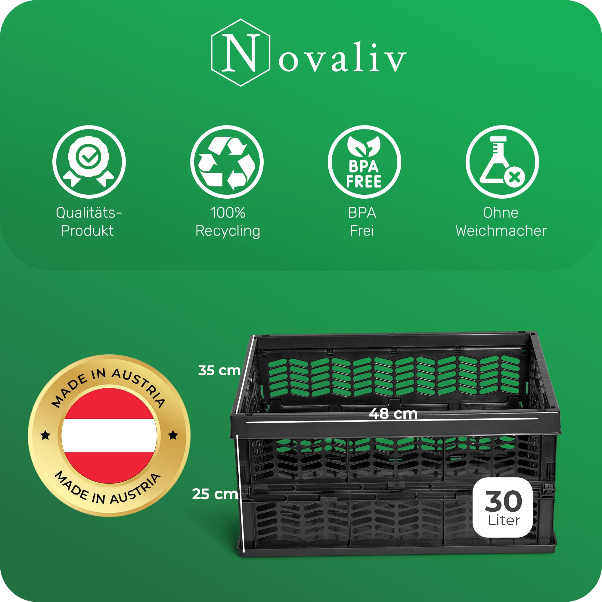 Novaliv Scatole pieghevoli stabili, 10 x 30 l, colore nero, nero, set di scatole per la spesa, cestino per la spesa