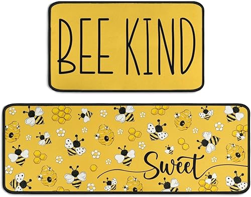 Juego de 2 tapetes de cocina de abeja, bonitos tapetes de cocina de verano, antideslizantes, lavables, decoración de cocina de abejas, antifatiga,