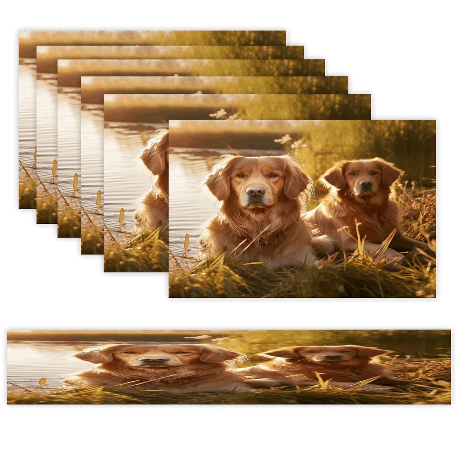Two Golden Retrievers Table Runner and Placemats of 6 Washable Heat Resistant Place Mats with Table Runner Vintage Holiday Table Mat Set for Holiday Party Kitchen Dining Deco