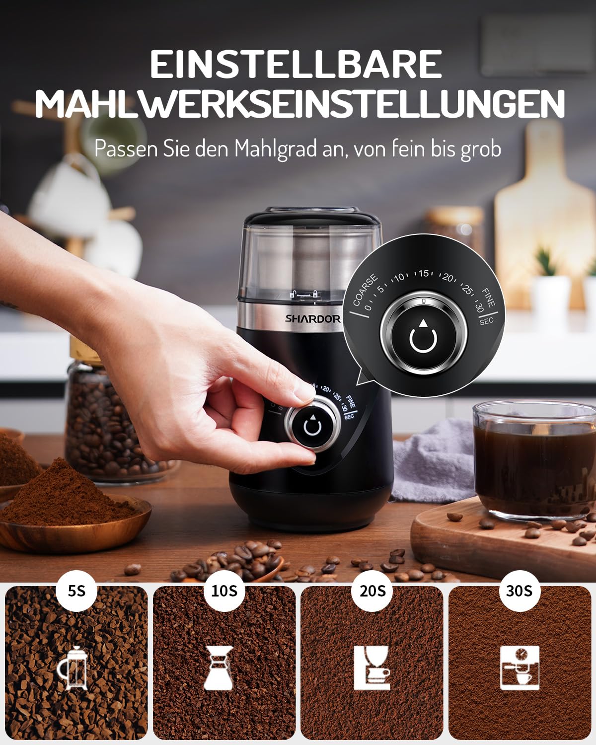 SHARDOR KaffeemüHle Elektrisch Mit 2 Edelstahltassen GewüRzmühle, Automatischer Timer, Coffee Grinder Für Kaffeebohnen, GewüRzen, Getreide, NüSsen Verwendet Werden, 2 * 80 G