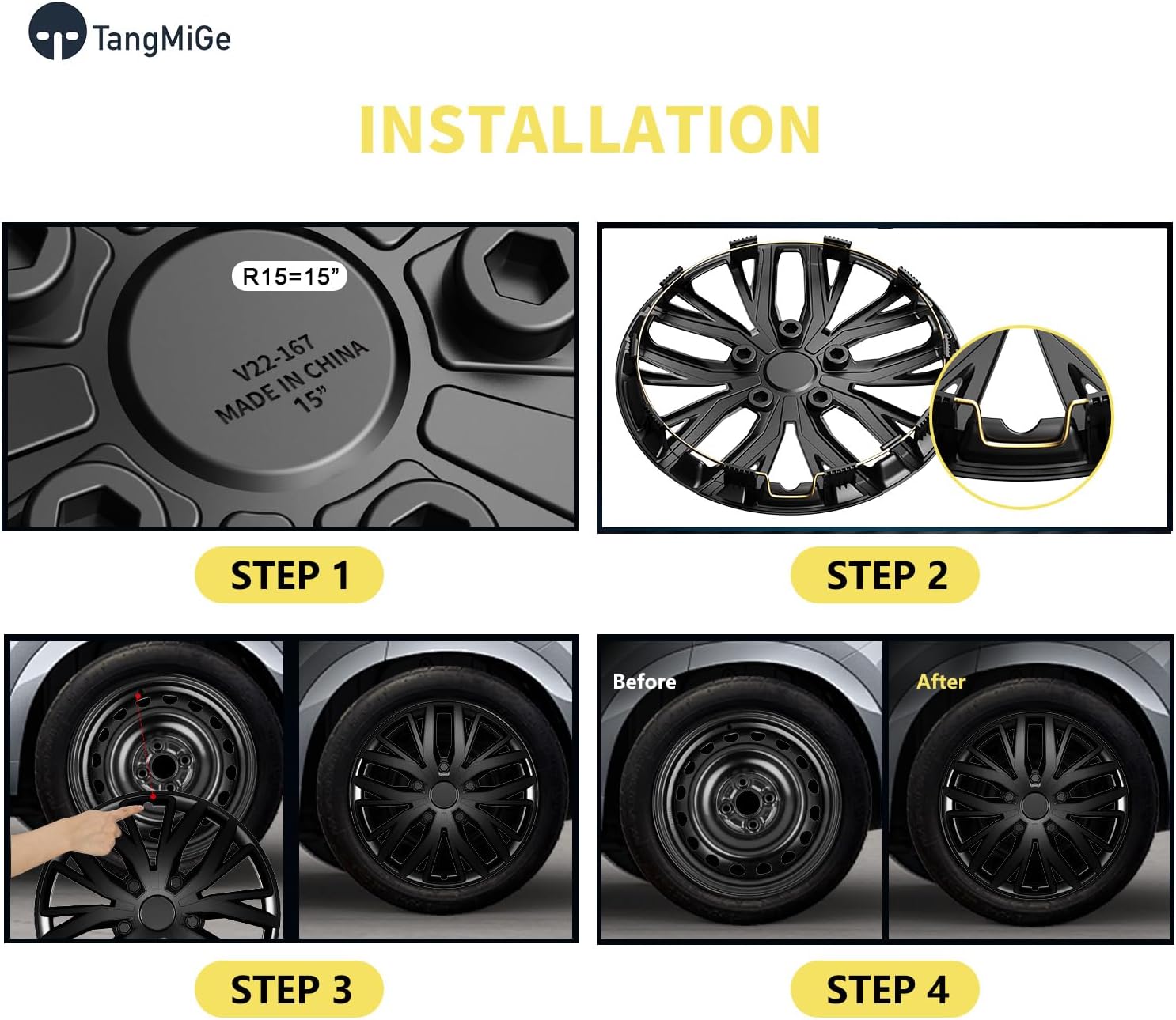 TangMiGe 4 Pack Universal Hubcaps Replacement R15 Wheel Covers, Steel Wheel Rim Cover for Most Cars Sedans SUV Trucks, 15" 15 in inch Hub Caps (Bright Black Color, 15 inch)