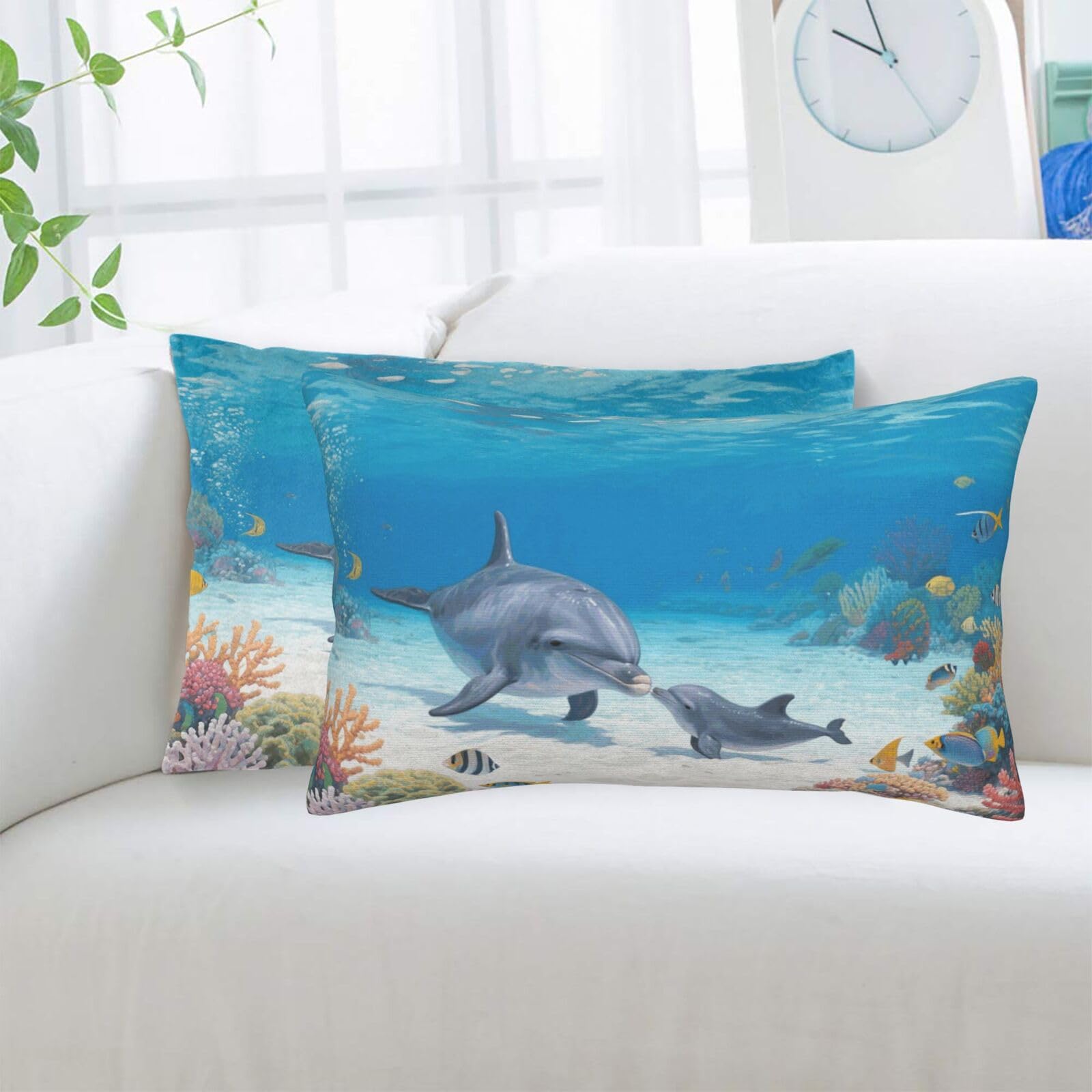 2 Pack Standard Pillowcases Sets, Ultra Soft Comfort Microfiber Plush Pillow Cases Dolphin Decorative Throw Pillow Cover with Hidden Zipper for Bedroom, Sofa, Couch,20"X30"
