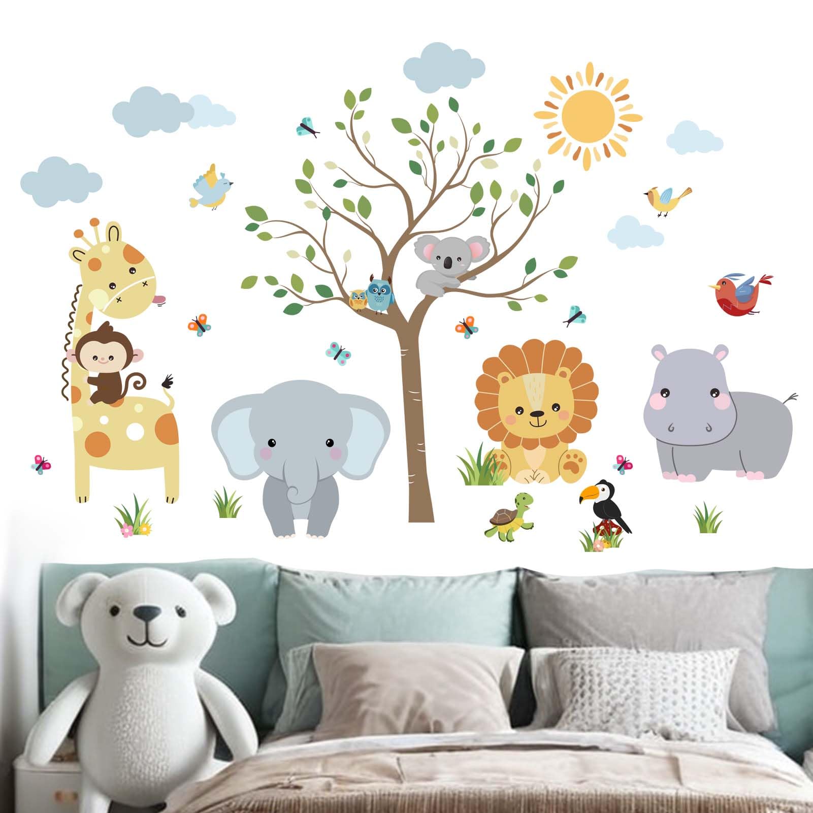 Jungle Animals Wall Stickers for Baby: Peel and Stick Elephant Lion Giraffe Hippo Koala Wall Decals - Wall Decor Art Kids Supplies Ages 1-12 Years