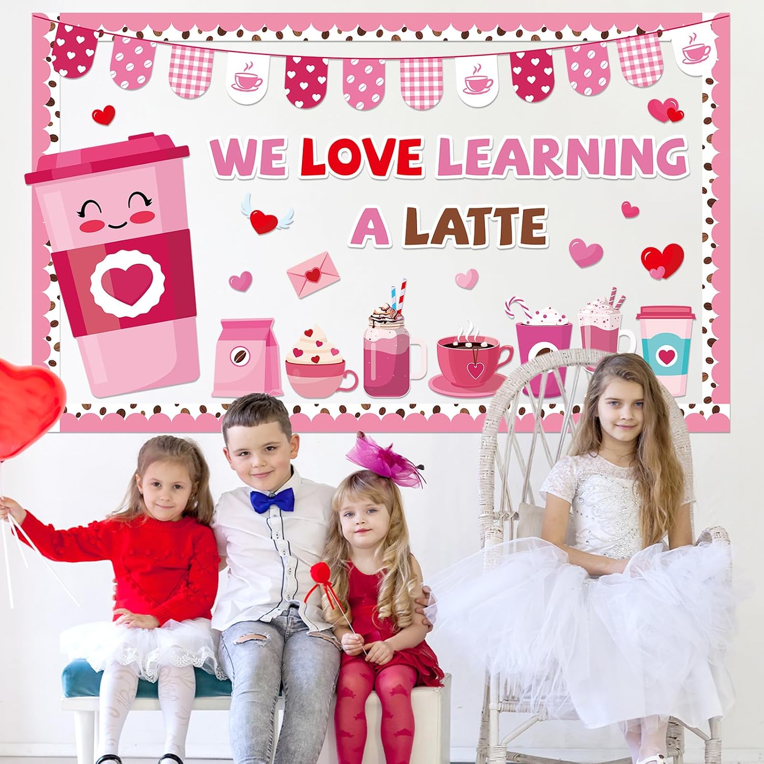 Valentine's Day Coffee Bulletin Board Set Valentines Coffee Cup Classroom Decorations Pink Red Heart Paper Cutouts Valentine's Day Bulletin Board for School Classroom Office Wall Door Decor Supplies