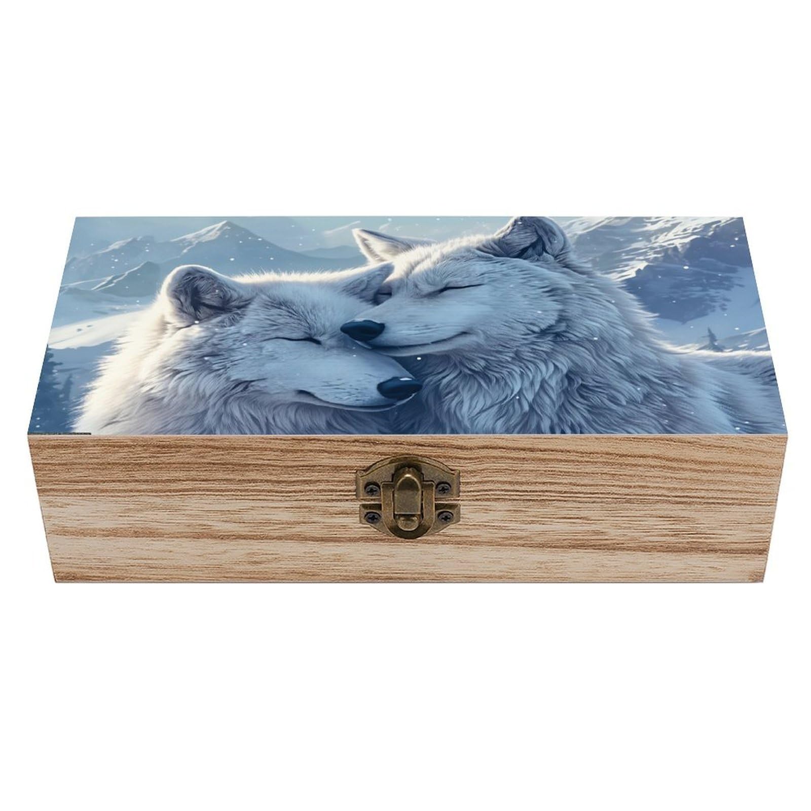SMAZDFXX White Wolves In Snowy Mountains Wooden Keepsake Box Vintage Solid Wood with Hinged Lid 7.9"×3.7"×2.3" Metal Latch Rustic Home Decor for Jewelry Photos And Trinkets