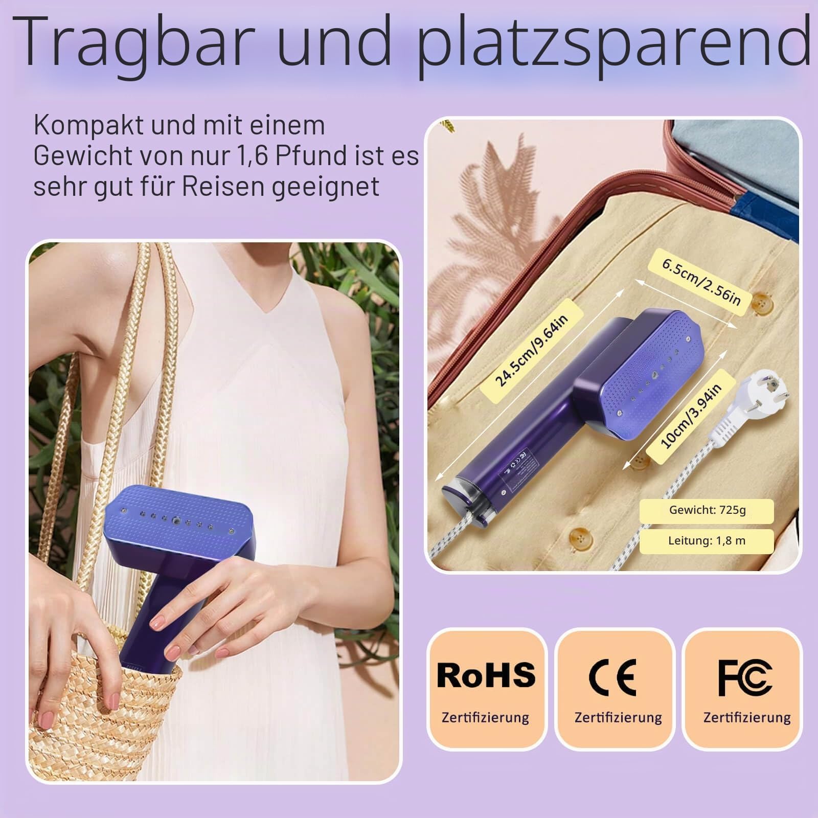 Reise Dampfglätter 1200W, Tragbares Dampfbügeleisen, 2-in-1 Reisebügeleisen | 15S Aufheizzeit, 4 Bügelmodi, LED-Touchscreen, 100ML Wassertank | Steamer Kleidung für Reise, Business und Zuhause（Lila）