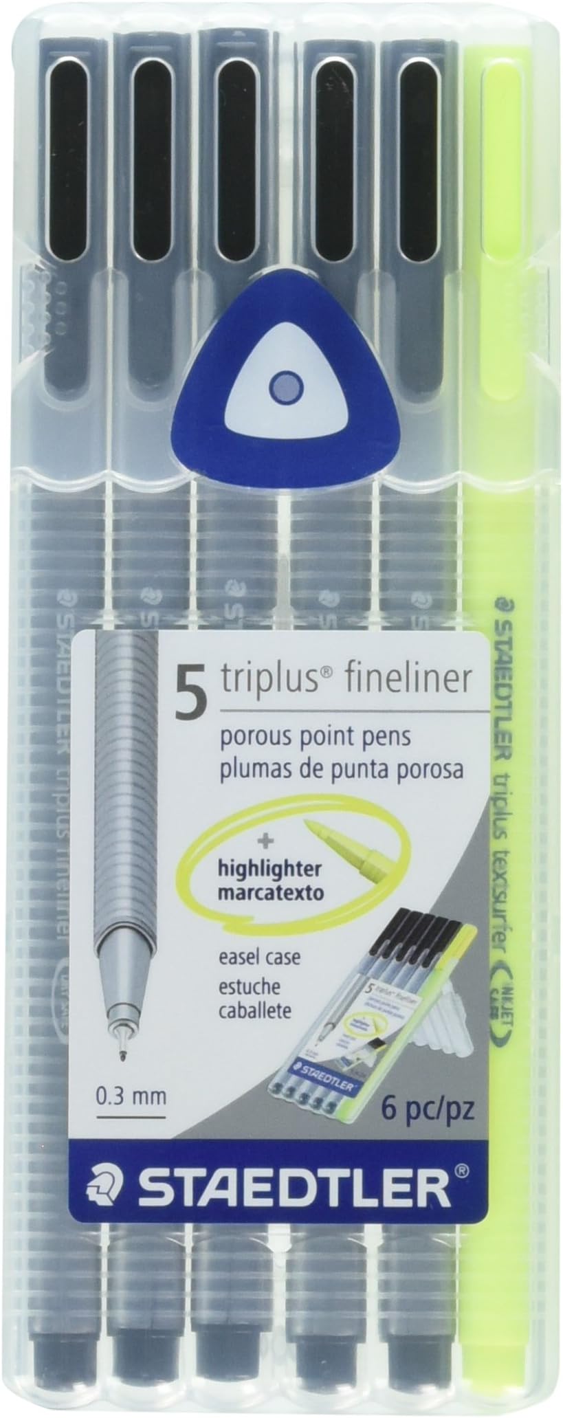 Triplus Fineliner Pens in Case 0.3mm Metal Clad Tip 6/PK (5 Black + 1 Highlighter)